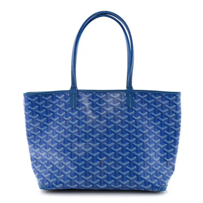 Sky blue patterned tote bag with double top handles and structured rectangular shape