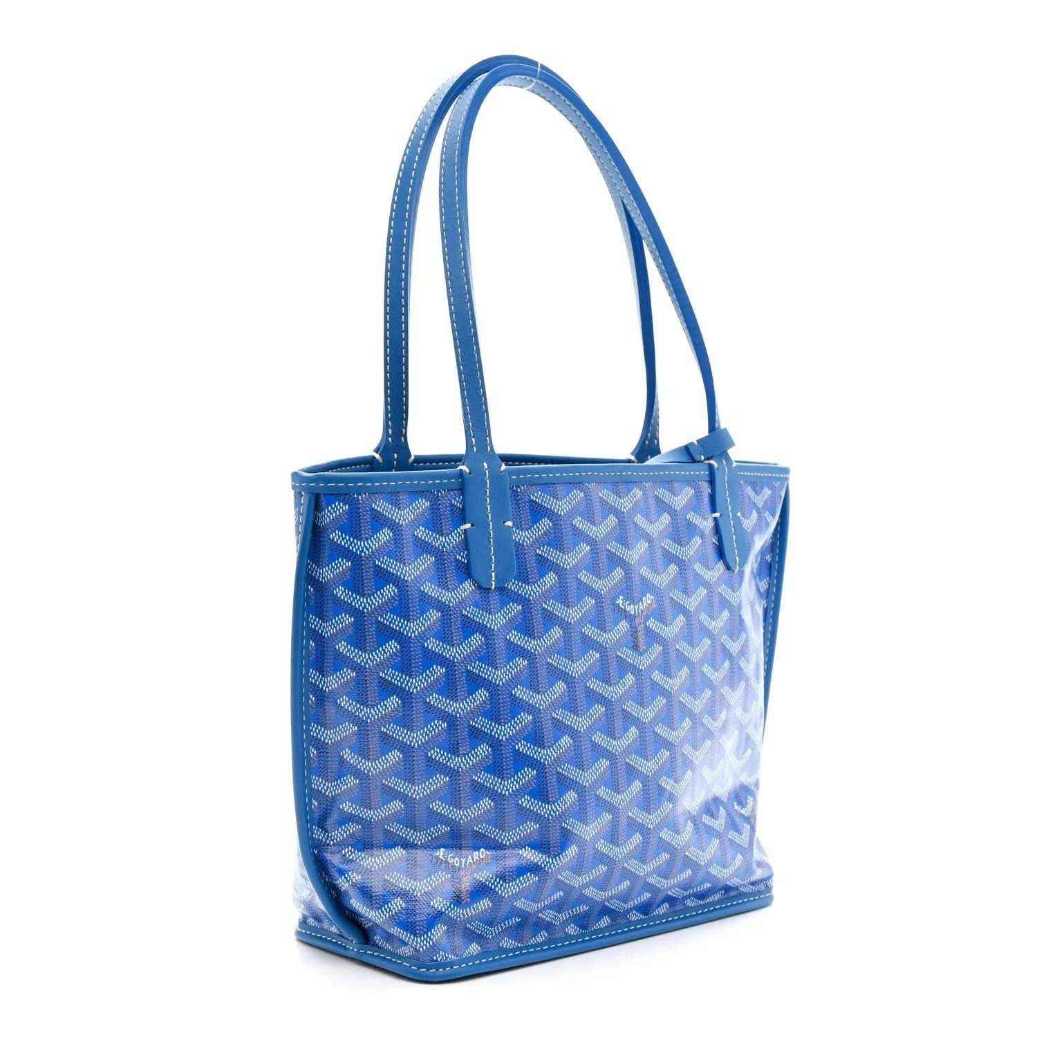 Sky blue reversible mini tote bag with all-over Goyard-style pattern