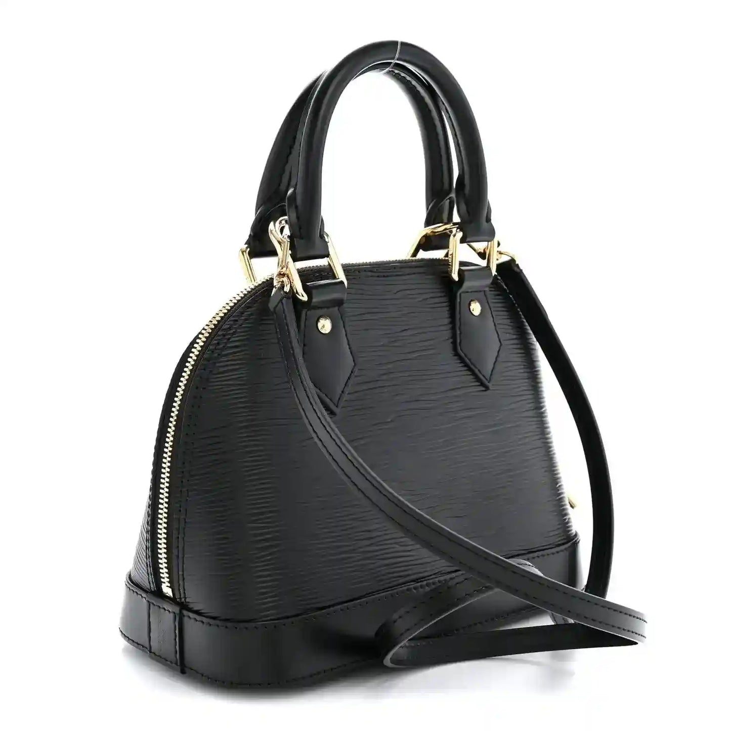 Black Alma BB handbag with crossbody strap, top handles, gold hardware, and multicolor LV
