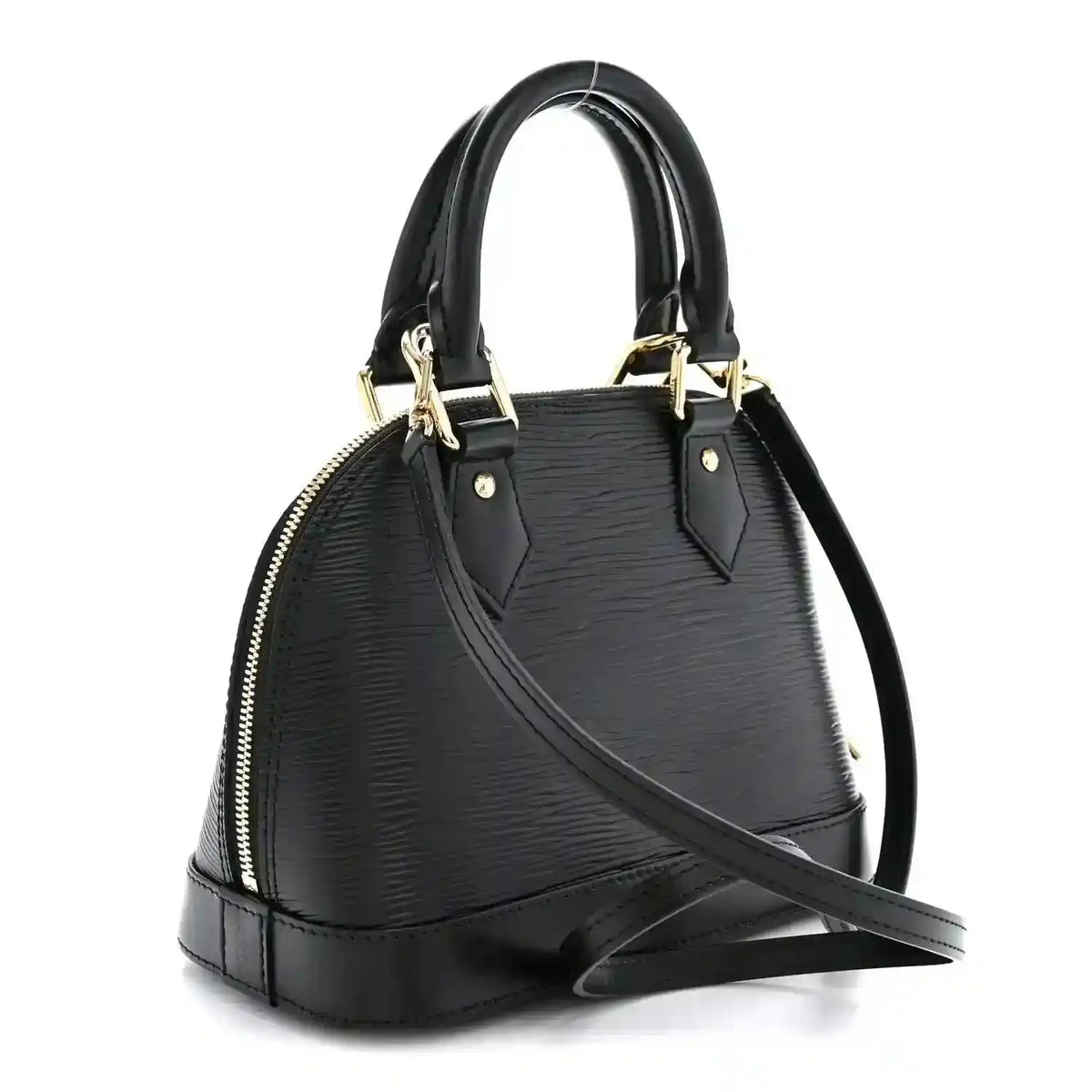 Black Alma BB handbag with crossbody strap, top handles, gold hardware, and multicolor LV