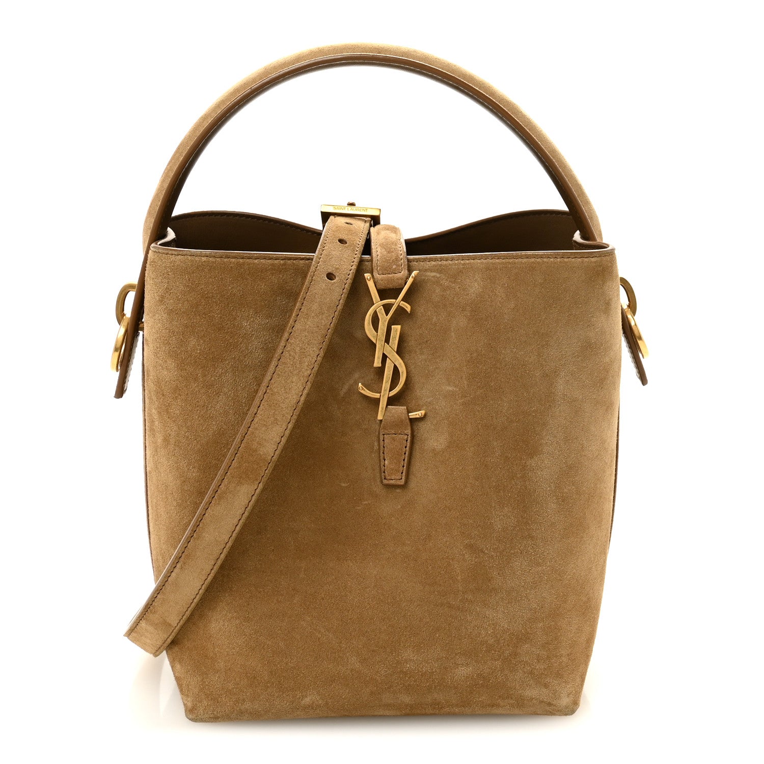 Suede bucket bag with top handles, adjustable strap, and YSL logo clasp, golden tan