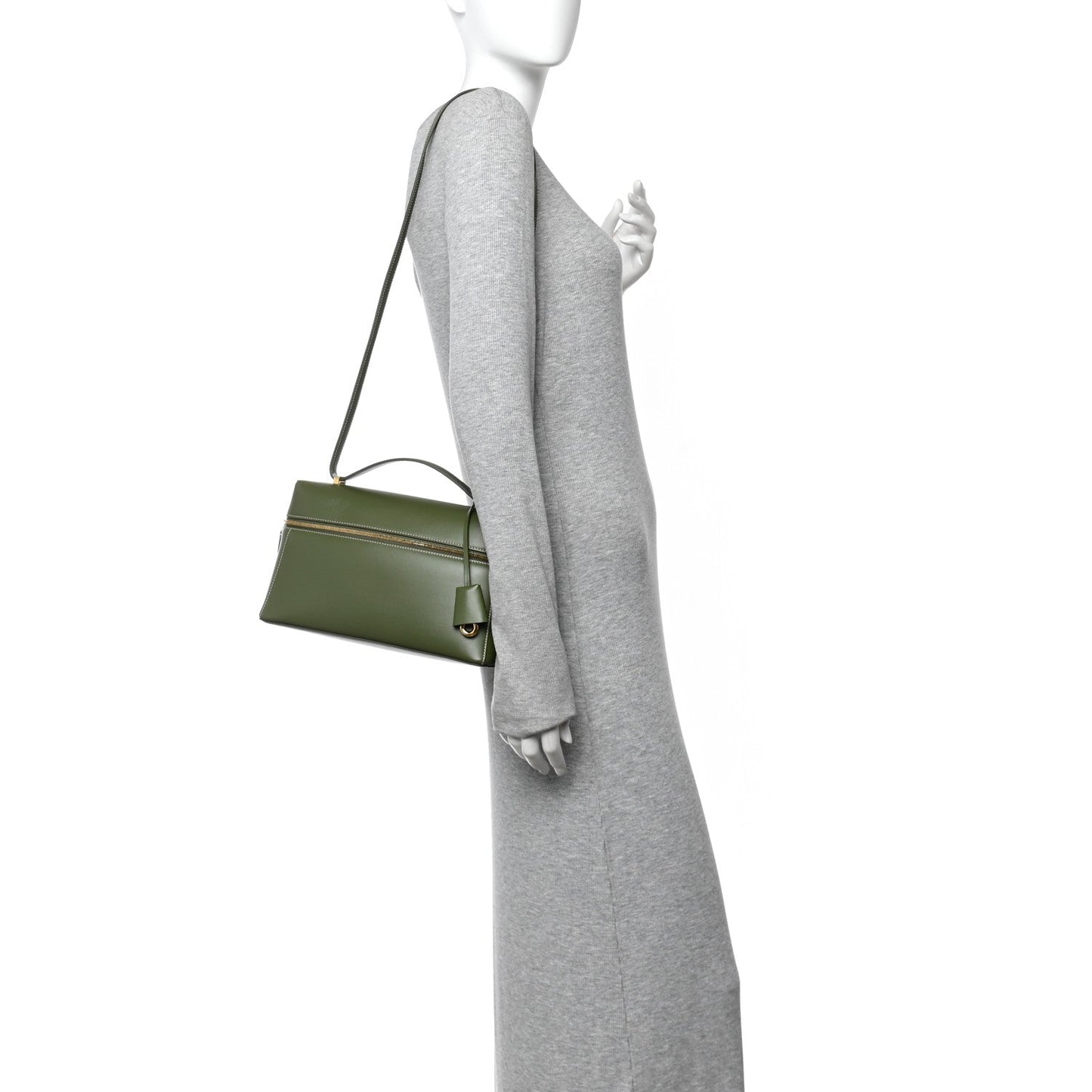 Olive green leather mini handbag with shoulder strap and structured rectangular shape