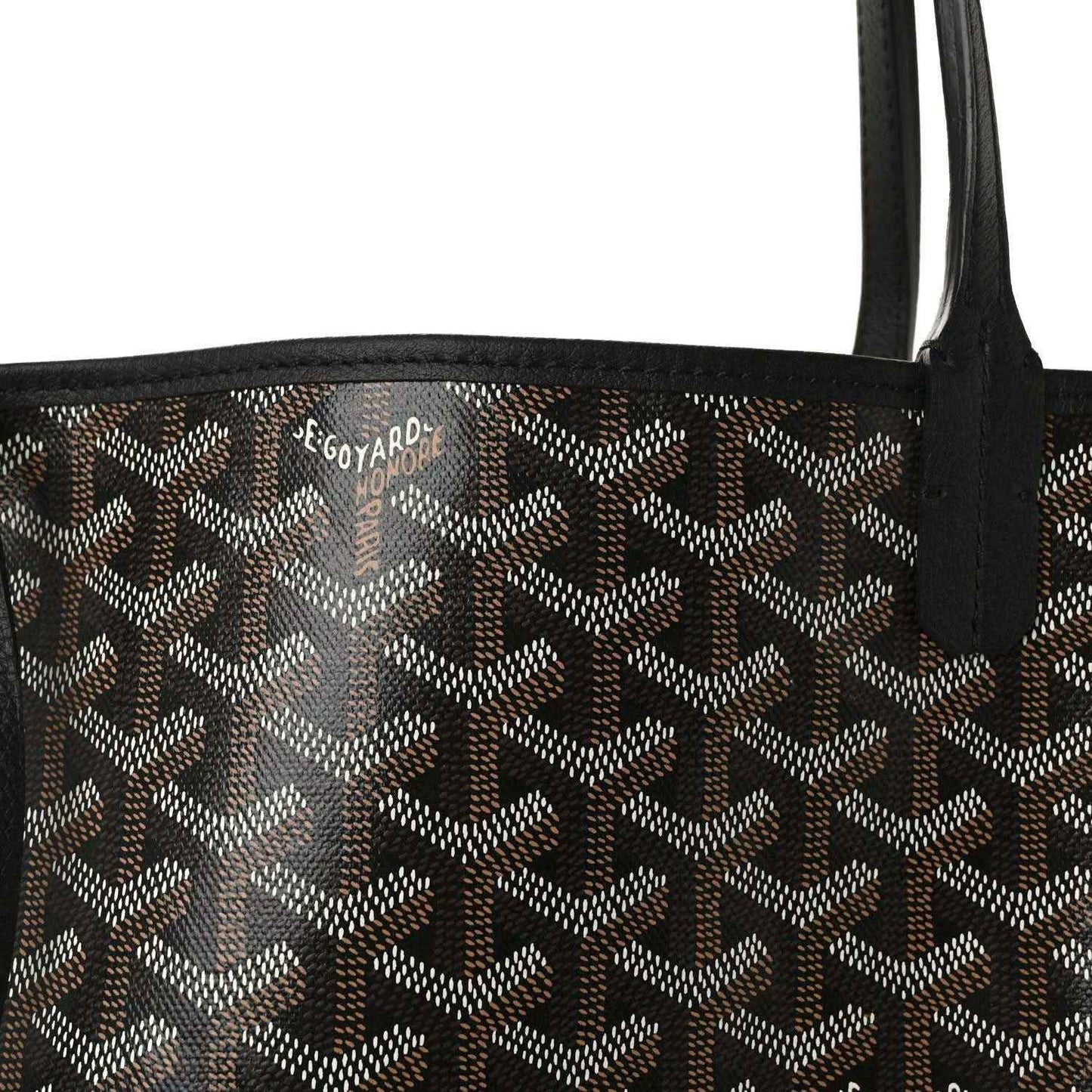 Goyardine tote bag fabric with monogram pattern and black leather strap detail