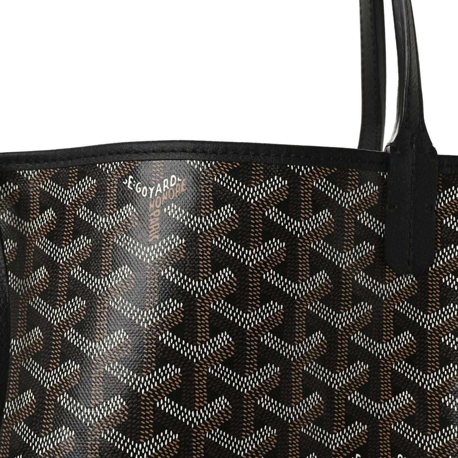 Goyardine tote bag fabric with monogram pattern and black leather strap detail