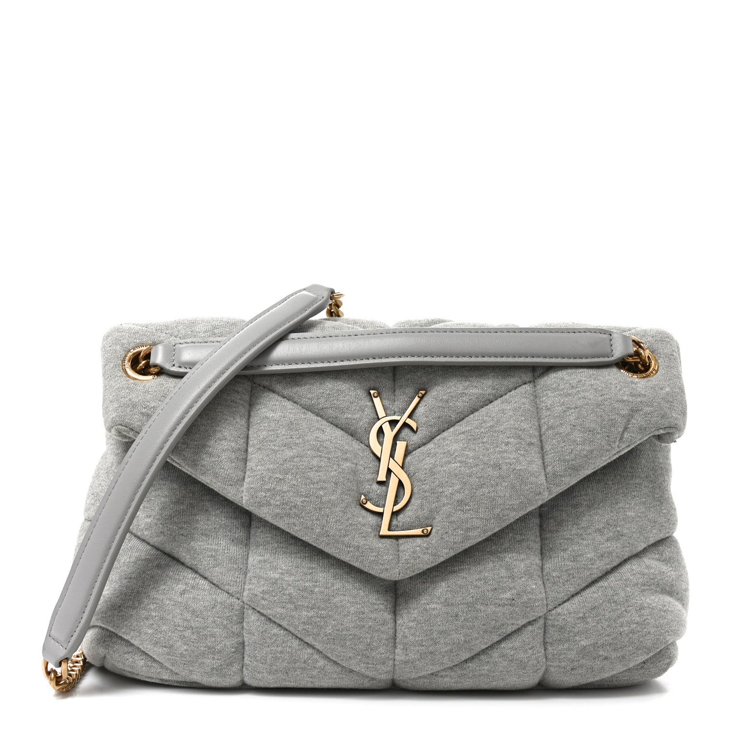 Saint Laurent Loulou puffer satchel, chalk beige, gold YSL logo, chain strap.