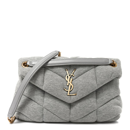 Saint Laurent Loulou puffer satchel, chalk beige, gold YSL logo, chain strap.