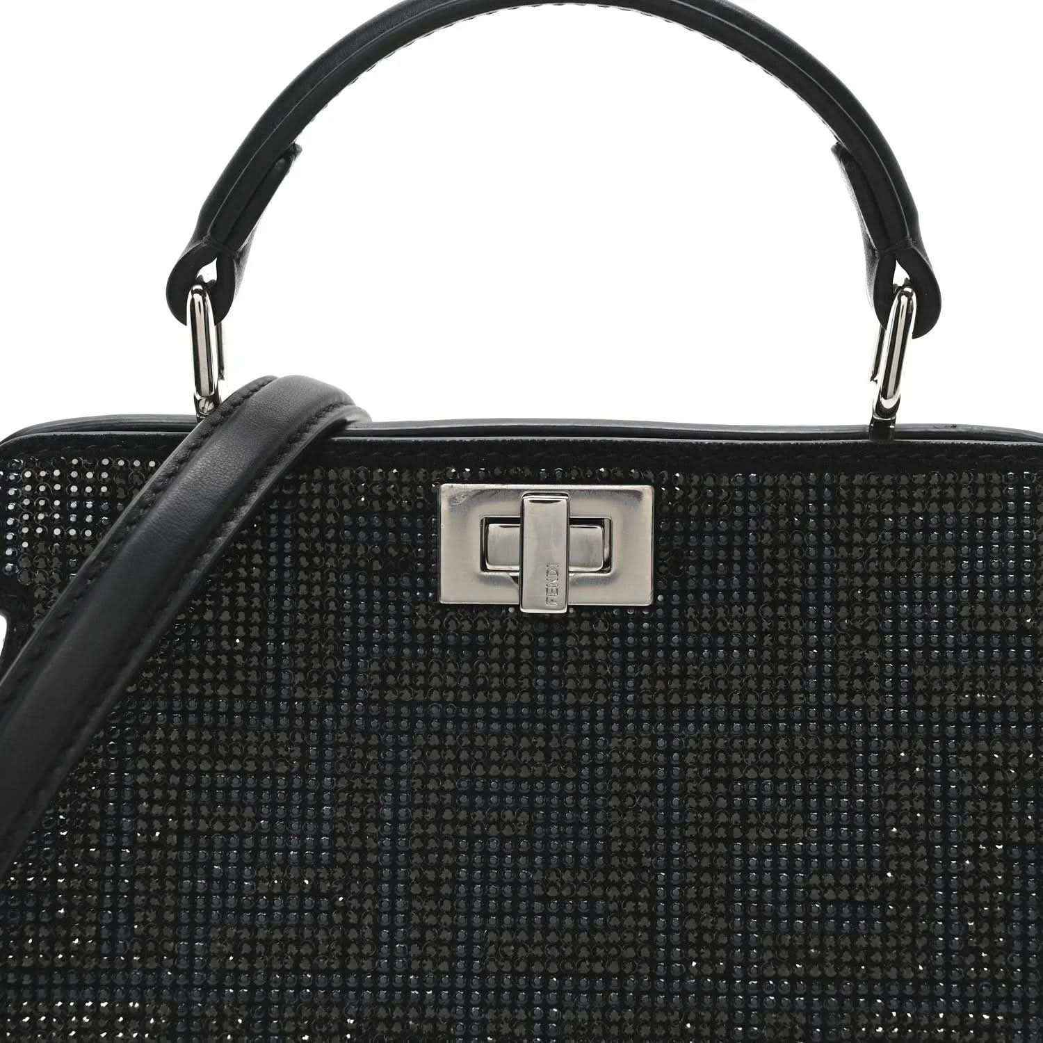 Black crystal satchel front with silver-tone geometric clasp and top handles