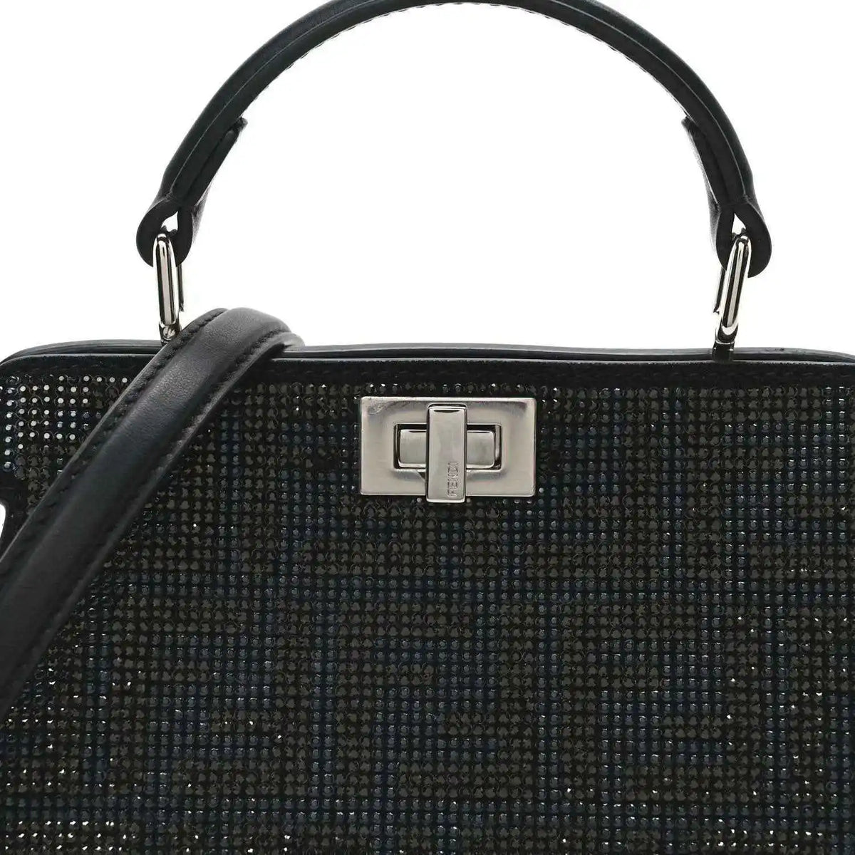 Black crystal satchel front with silver-tone geometric clasp and top handles