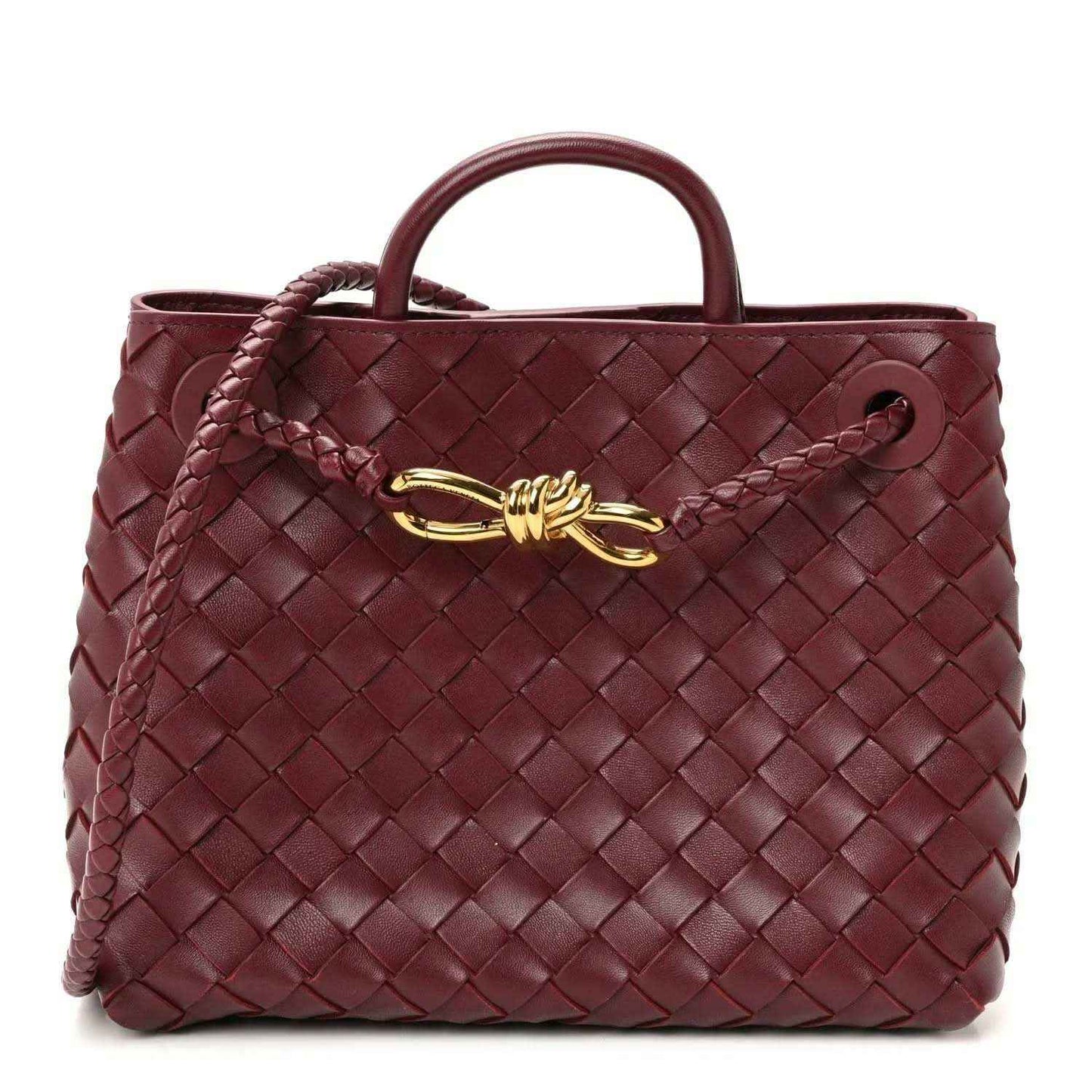 Small intrecciato nappa leather shoulder bag, burgundy, top handles and gold clasp.