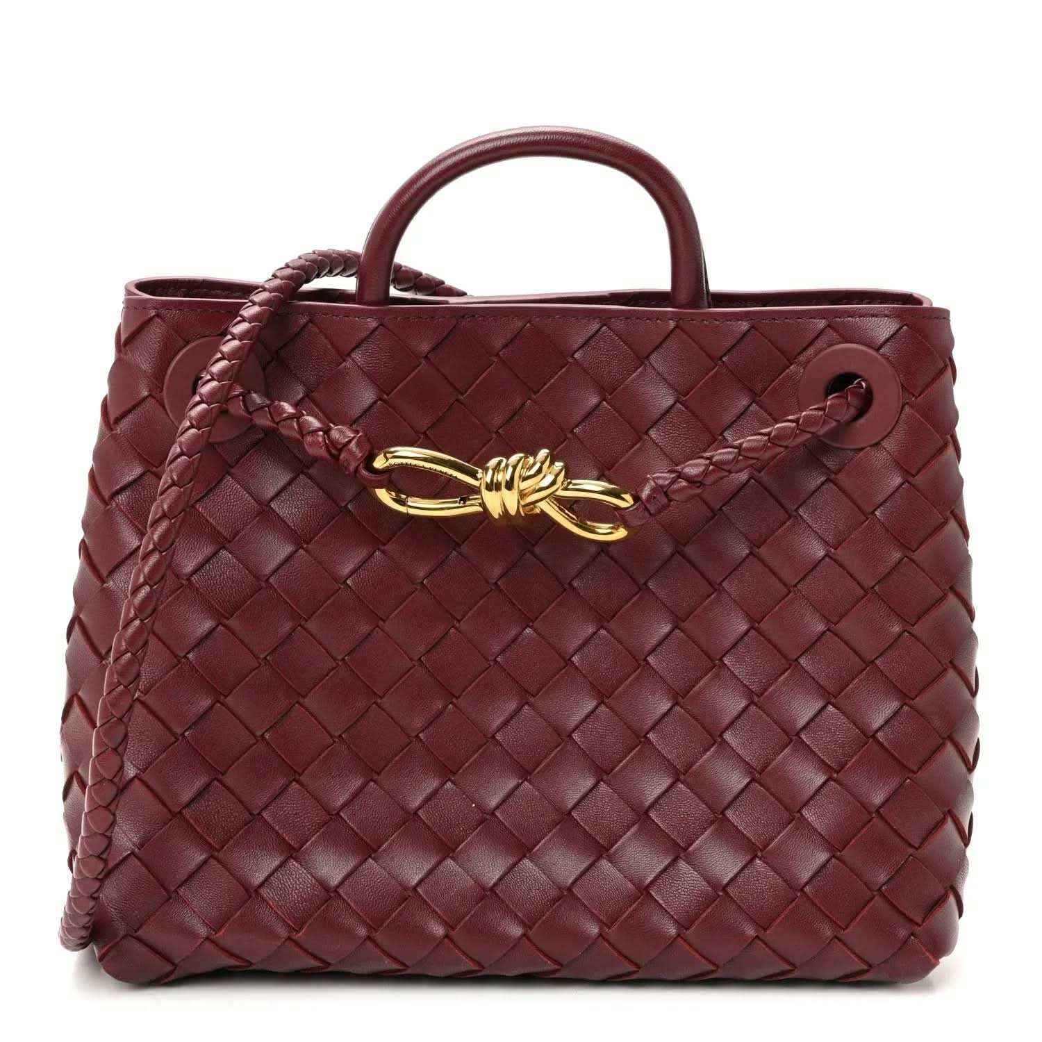 Small intrecciato nappa leather shoulder bag, burgundy, top handles and gold clasp.