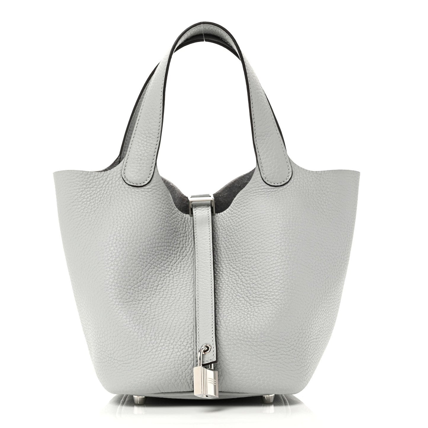 Light blue pebbled leather tote bag with top handles and front lock closure