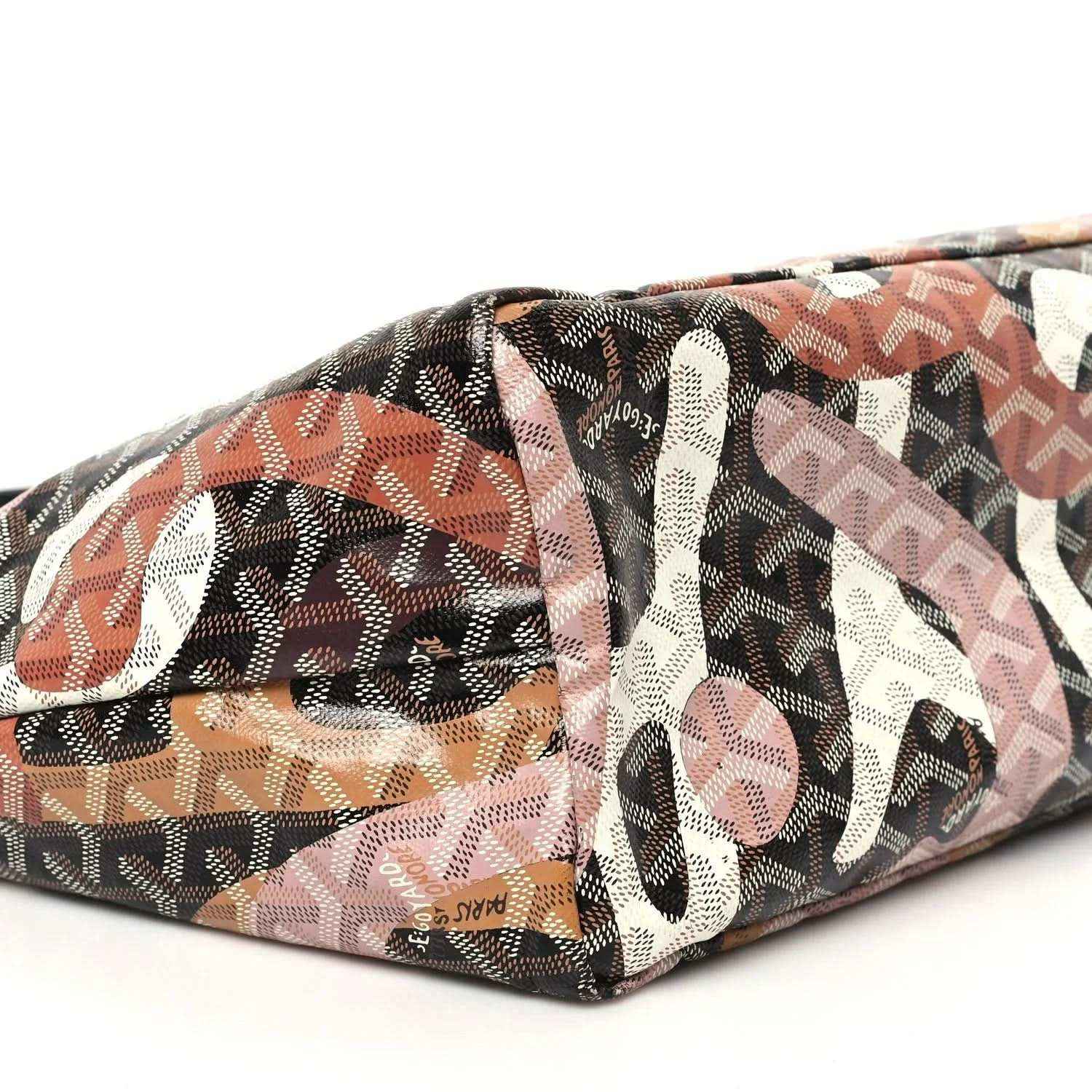 PM tote bag bottom corner close-up with dark monogram fabric and multicolor letter print