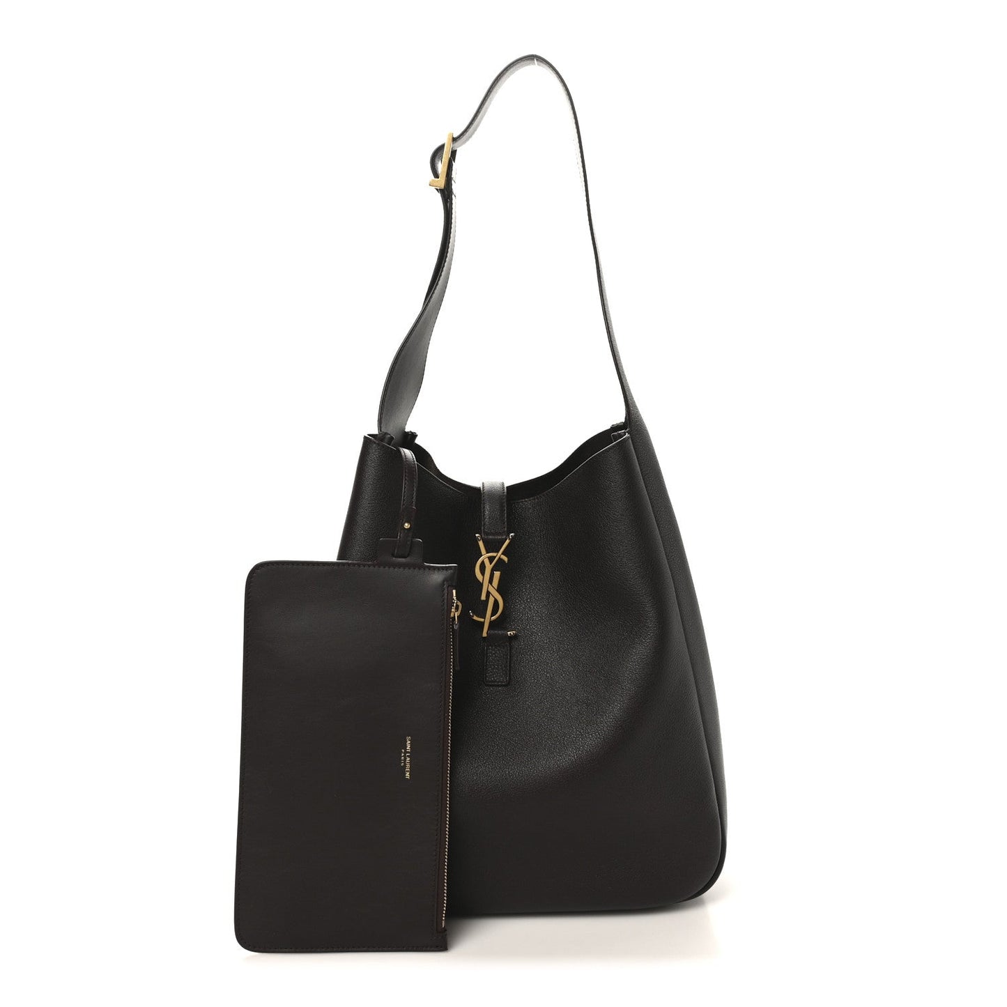 Large soft hobo bag in dark leather with front pocket and gold logo pull