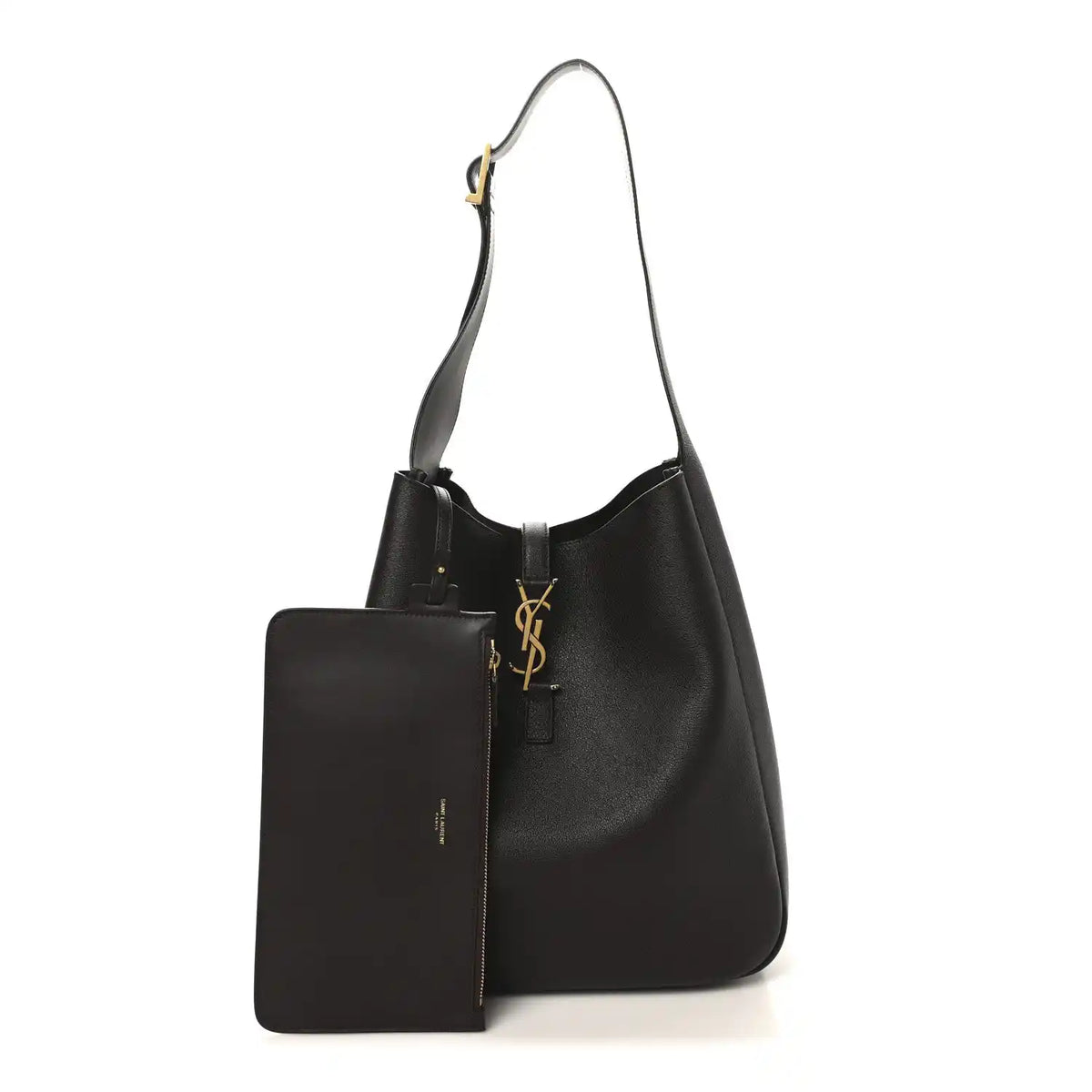 Large soft hobo bag in dark leather with front pocket and gold logo pull