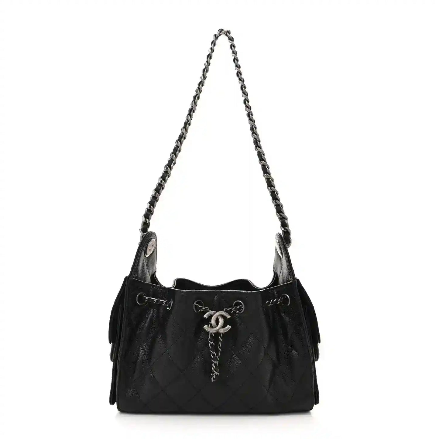 Black quilted mini shoulder bag with chain strap and CC clasp, ruthenium hardware.
