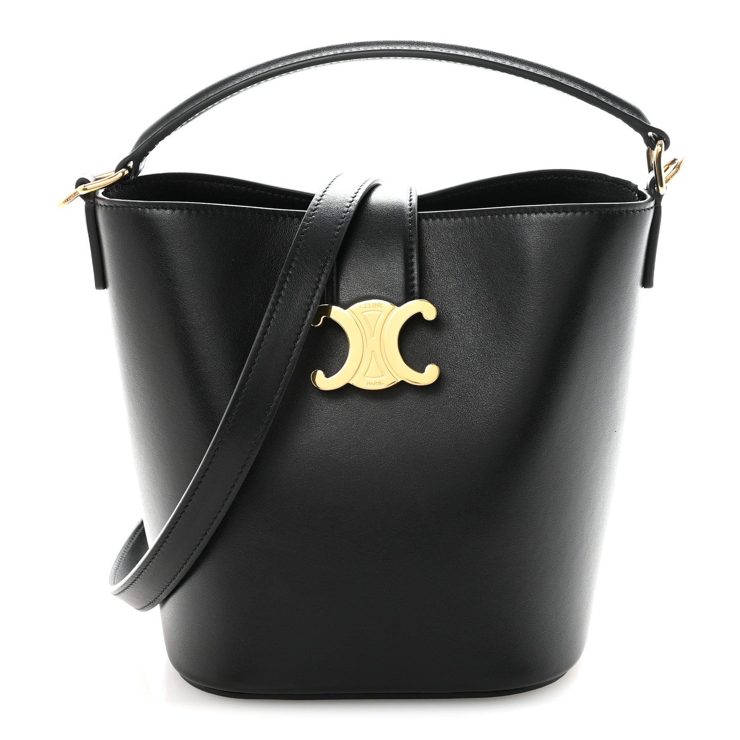 Small black Celine bucket bag with smooth finish, gold Triomphe logo, top handles