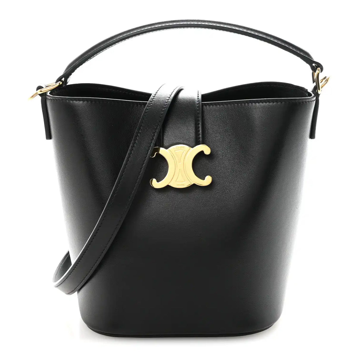 Small black Celine bucket bag with smooth finish, gold Triomphe logo, top handles