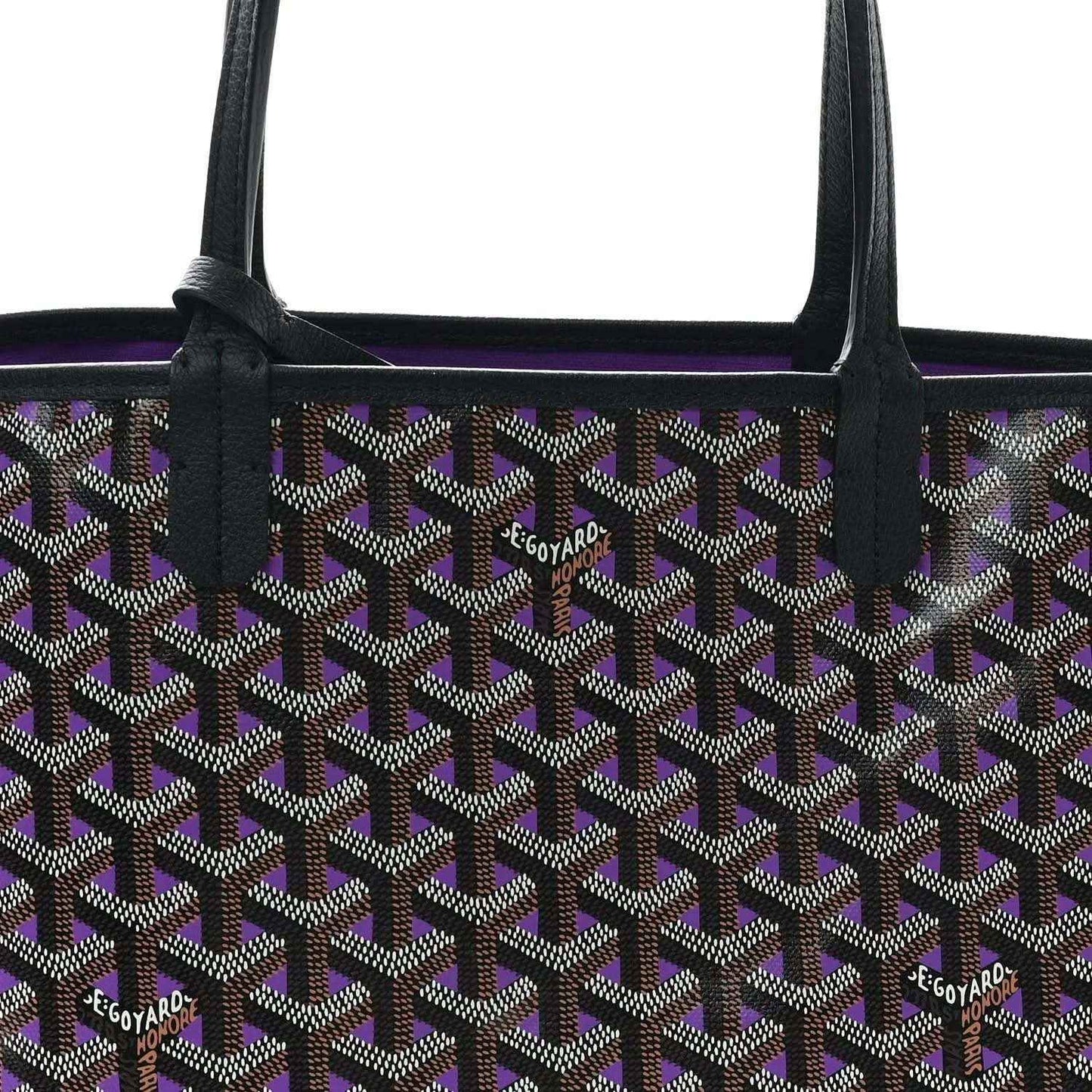 Tote bag front view with repeating monogram pattern, black exterior and purple trim