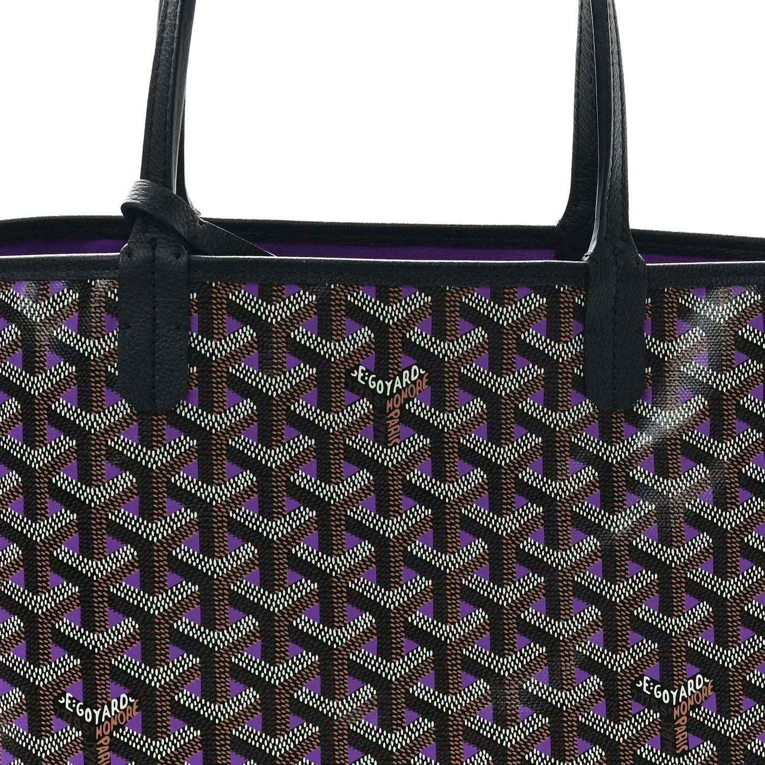 Tote bag front view with repeating monogram pattern, black exterior and purple trim