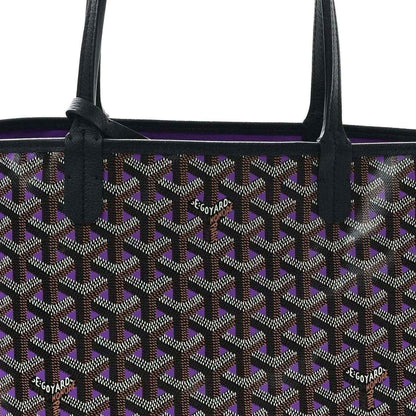 Tote bag front view with repeating monogram pattern, black exterior and purple trim
