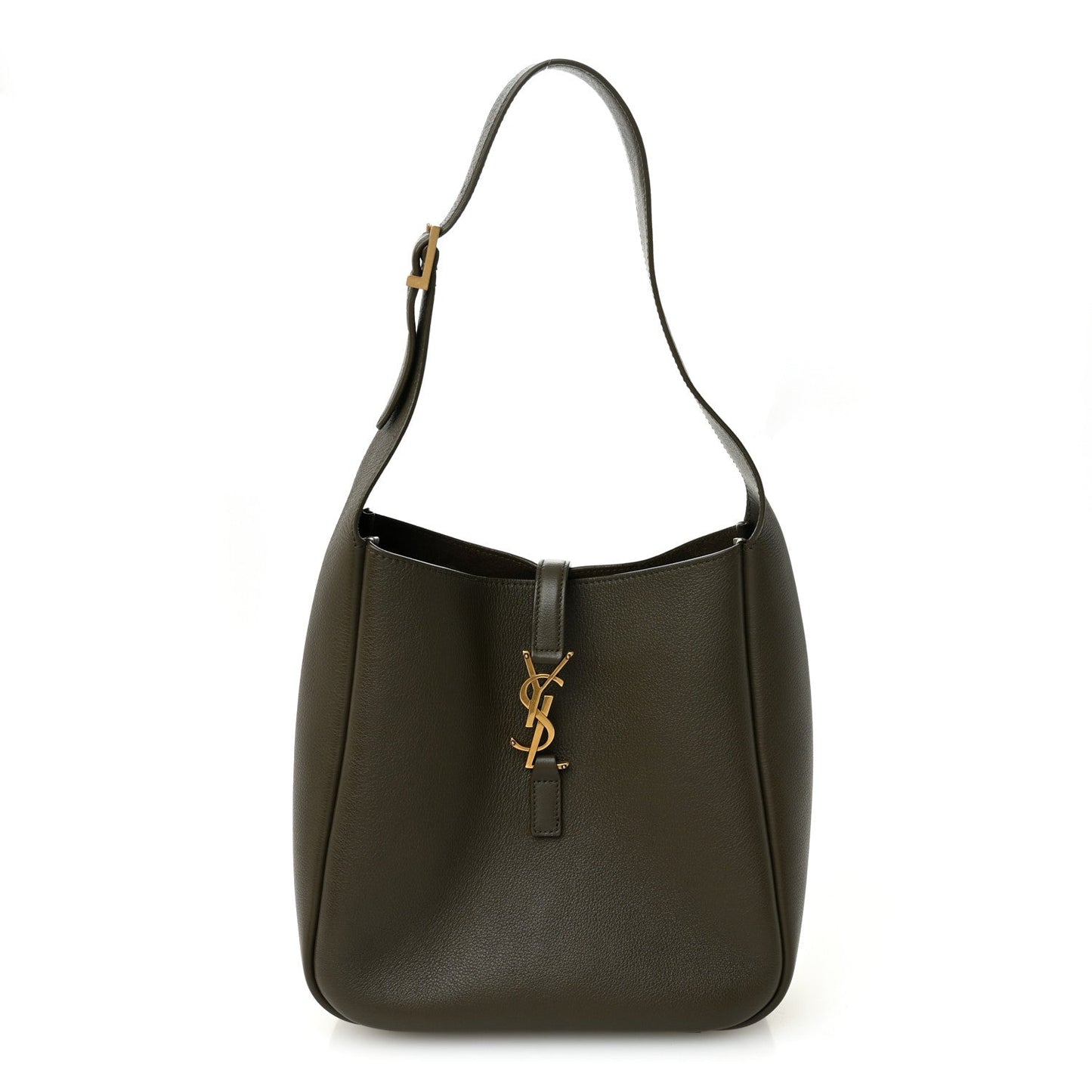 Calfskin soft hobo bag in dark olive with top handle and YSL logo charm.