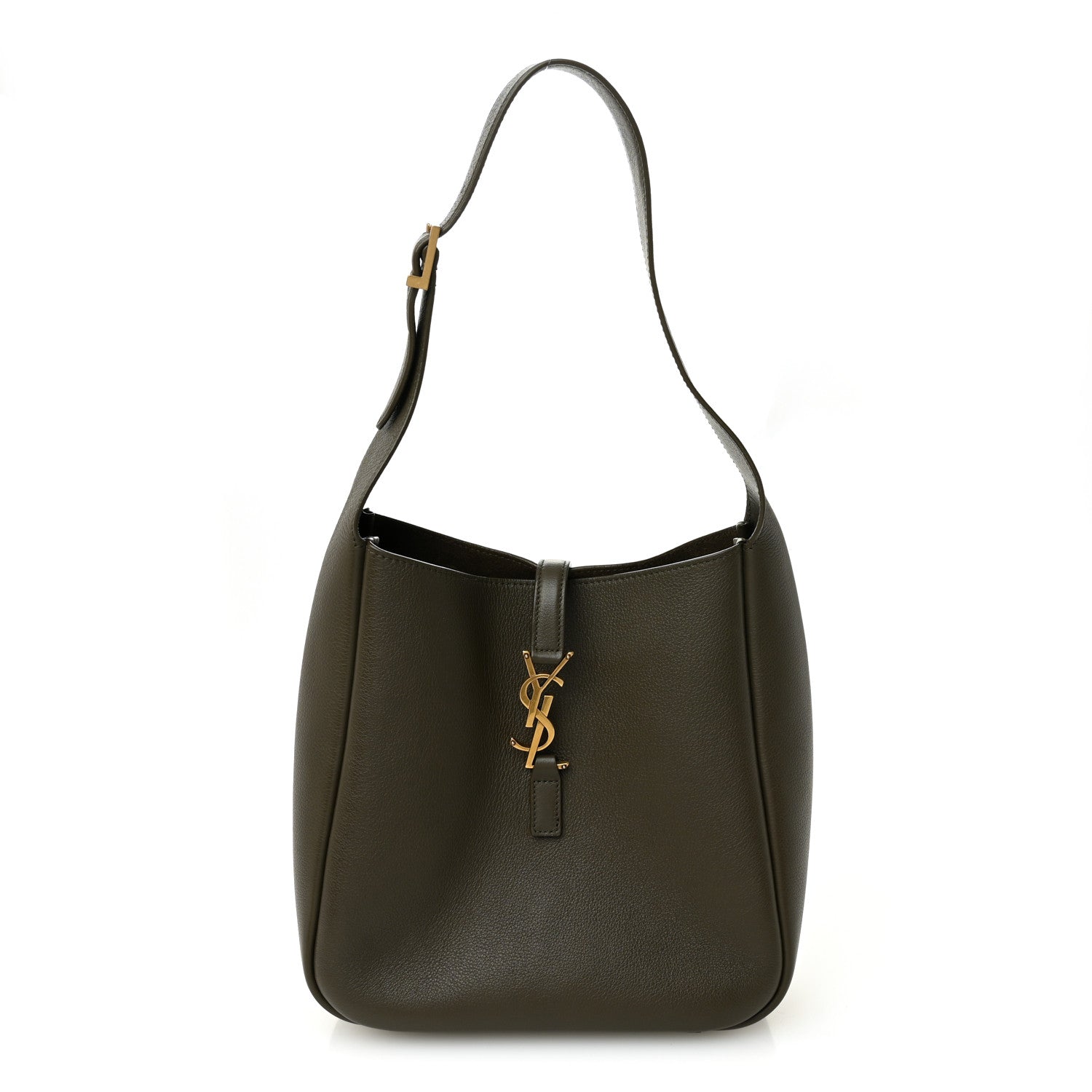 Calfskin soft hobo bag in dark olive with top handle and YSL logo charm.