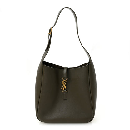 Calfskin soft hobo bag in dark olive with top handle and YSL logo charm.