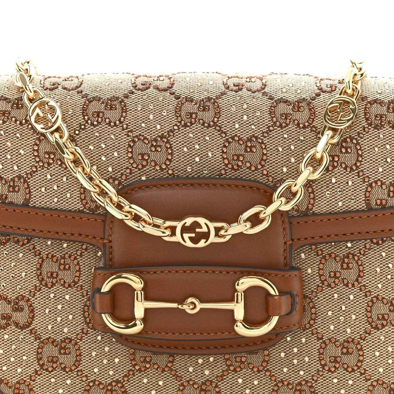 Mini shoulder bag front with GG monogram canvas, horsebit-style clasp, and gold chain