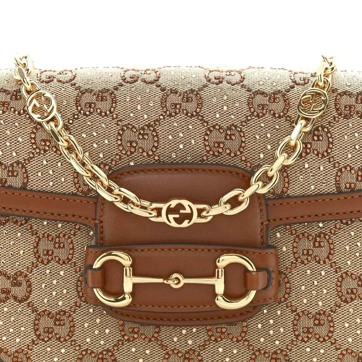 Mini shoulder bag front with GG monogram canvas, horsebit-style clasp, and gold chain