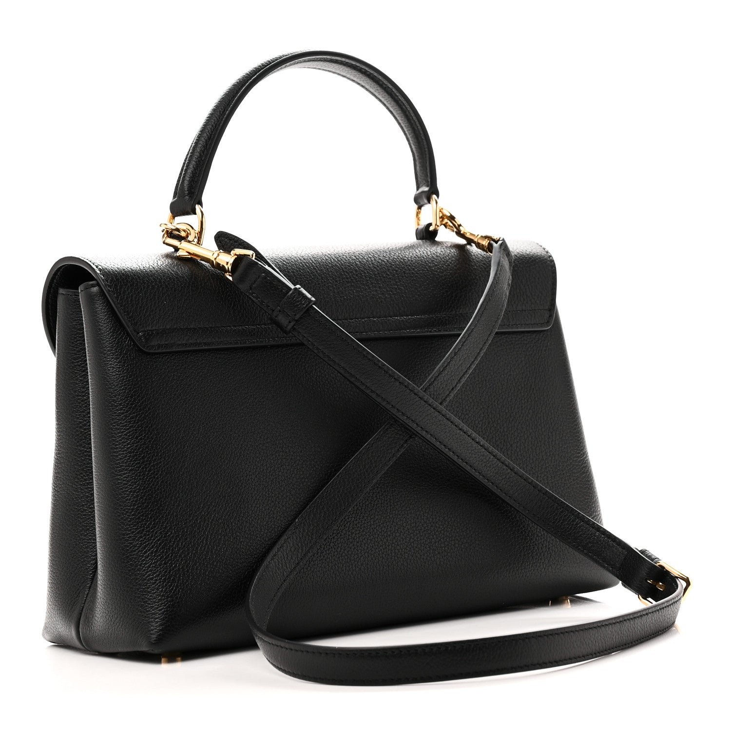 Black leather top-handle handbag with diagonal shoulder strap and gold-trim front flap