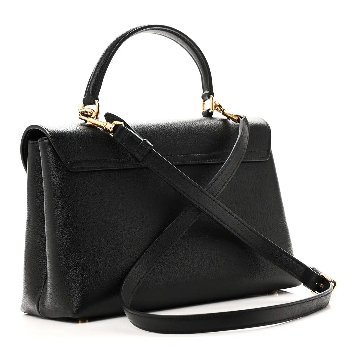 Black leather top-handle handbag with diagonal shoulder strap and gold-trim front flap