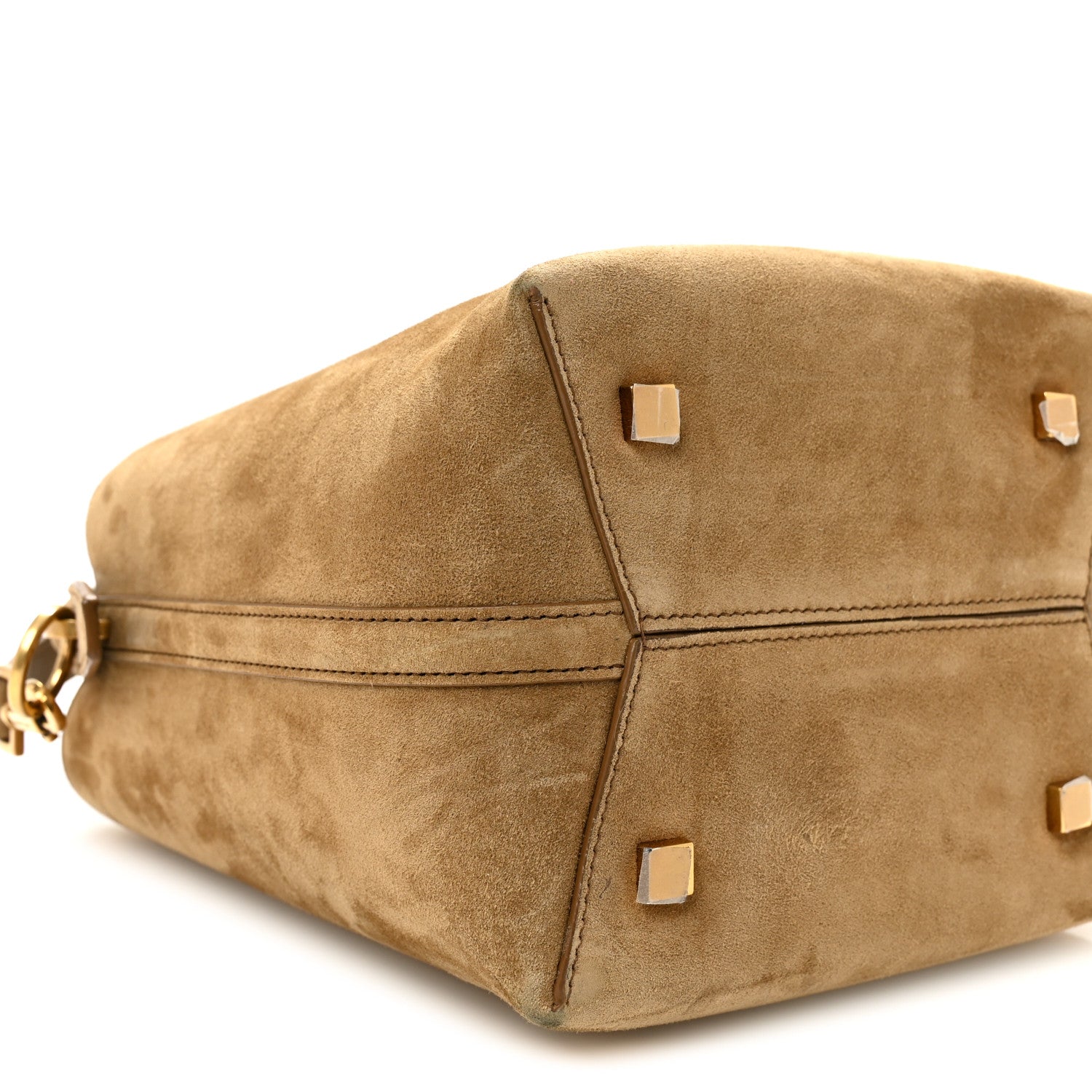 Suede bucket bag, golden tan suede with zip-top and structured side panels