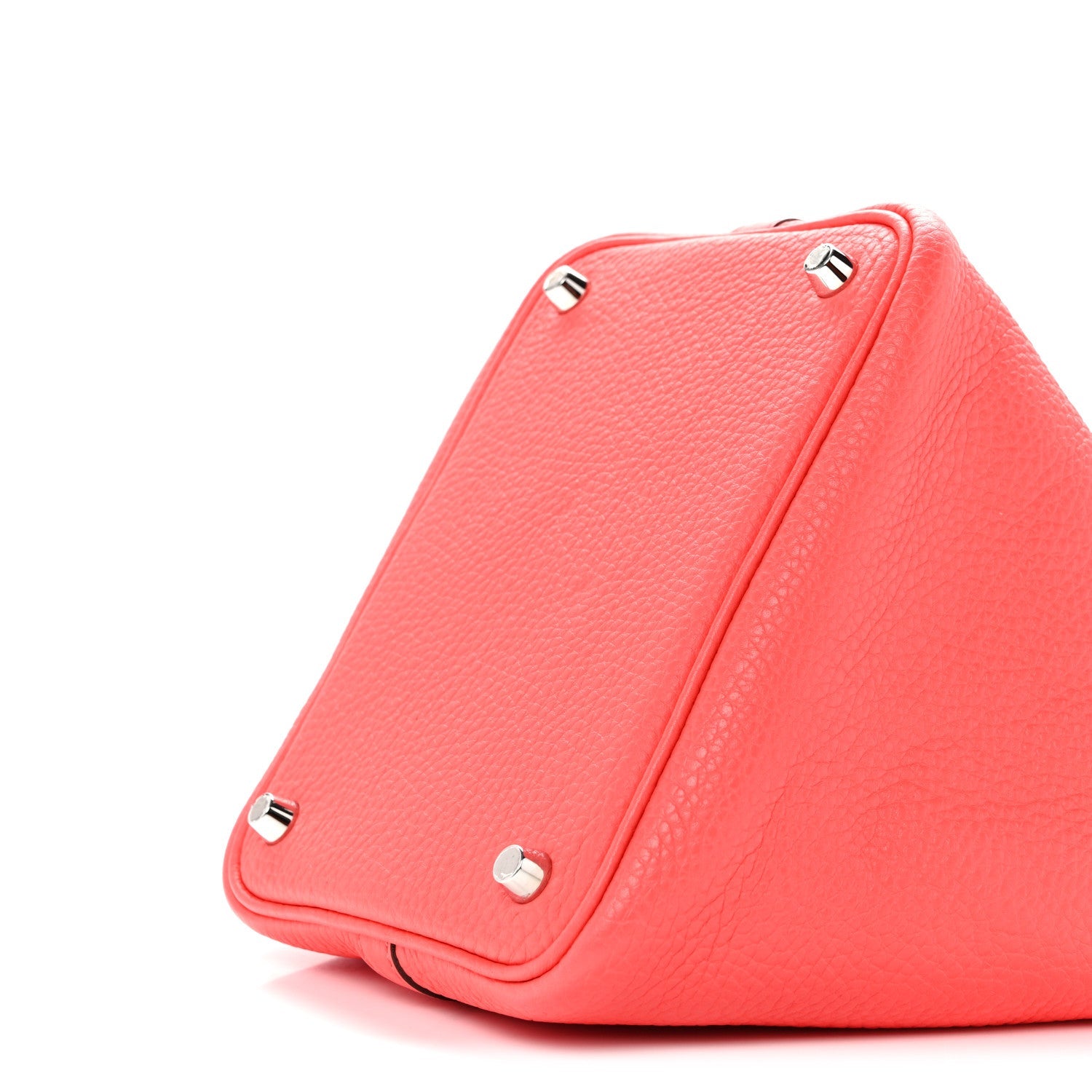 Rose pink leather tote bag corner view with round metal rivets