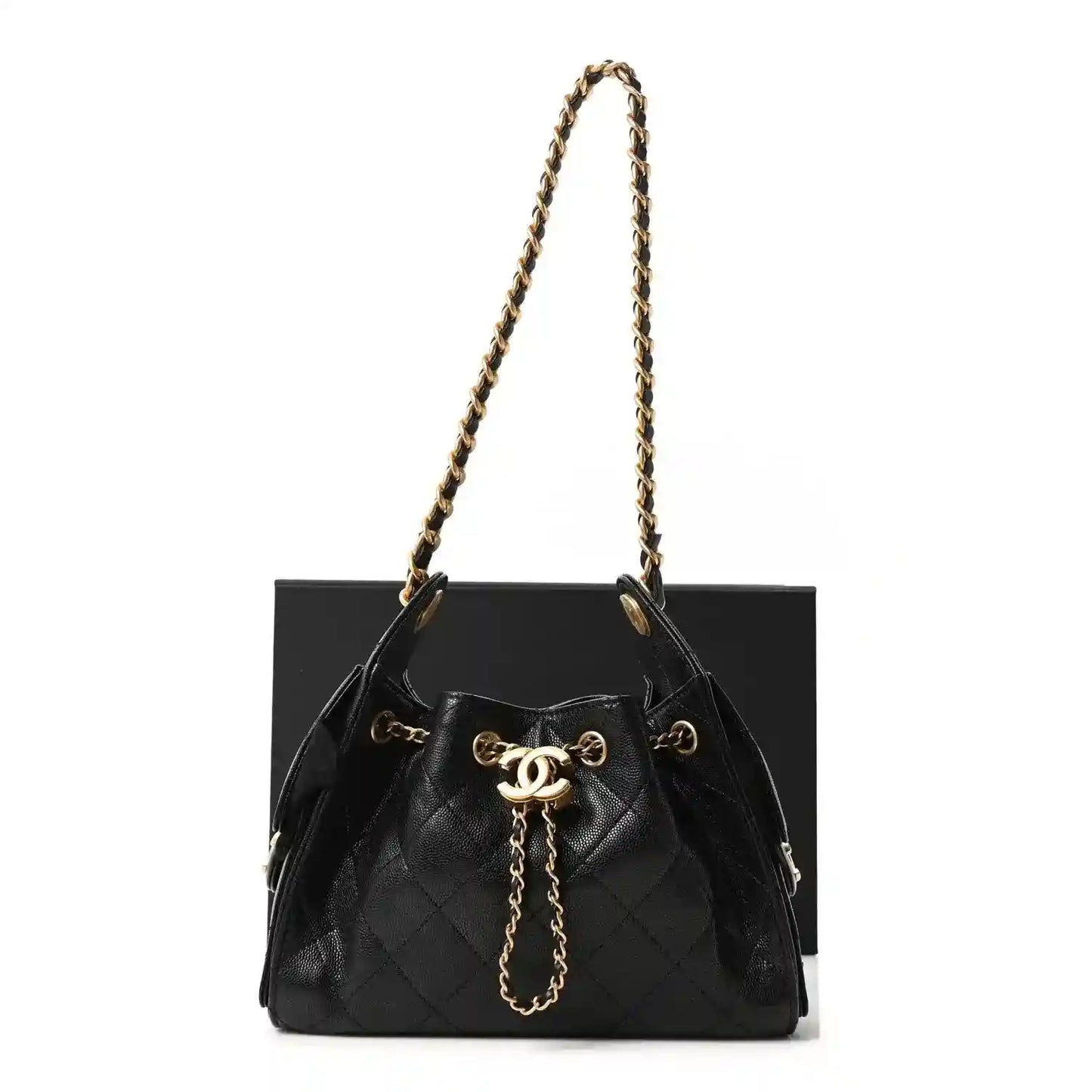 Quilted mini handbag in black leather with gold chain handles and drawstring top, logo charm