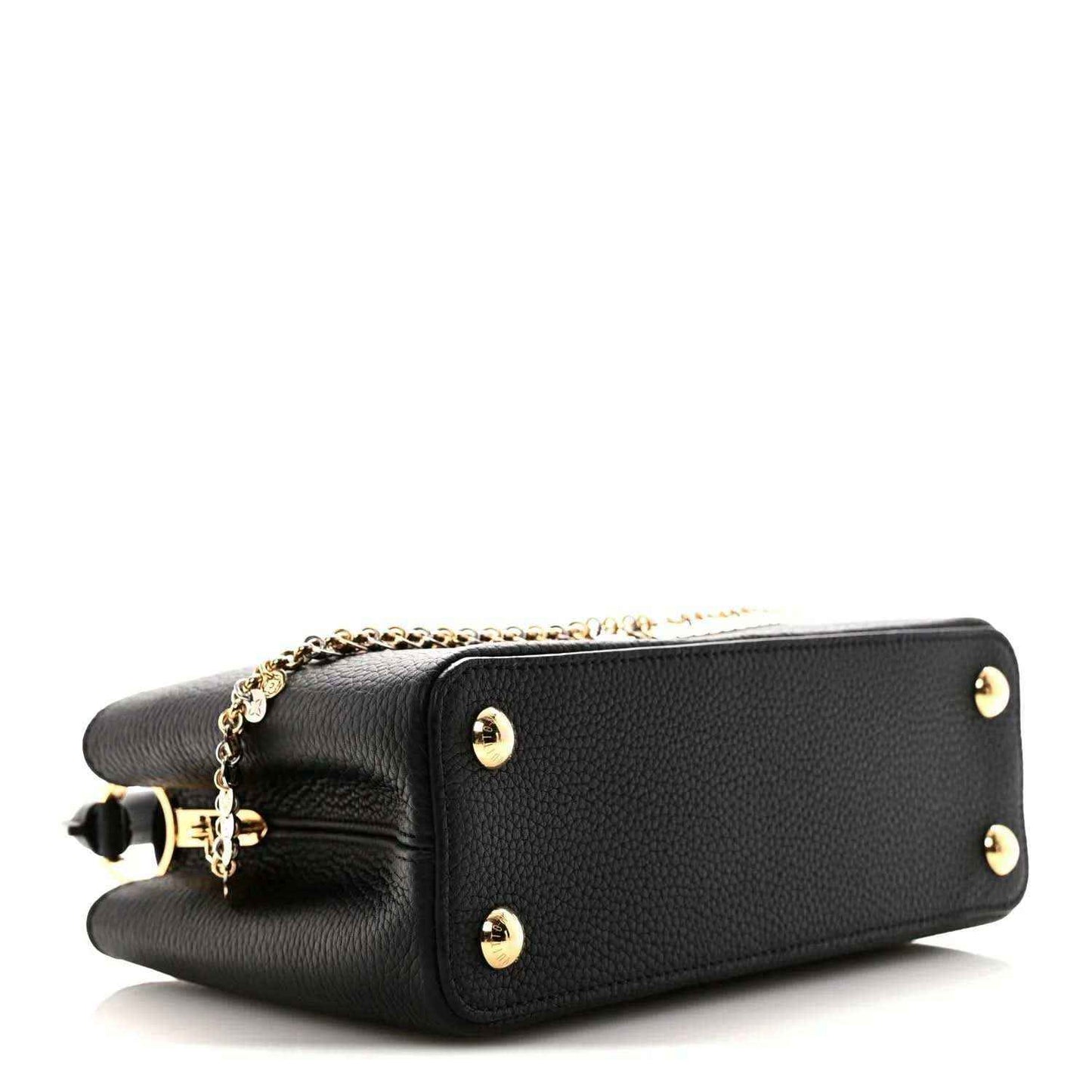 Black leather handbag with chain fringe, flap, and two gold-tone snap buttons