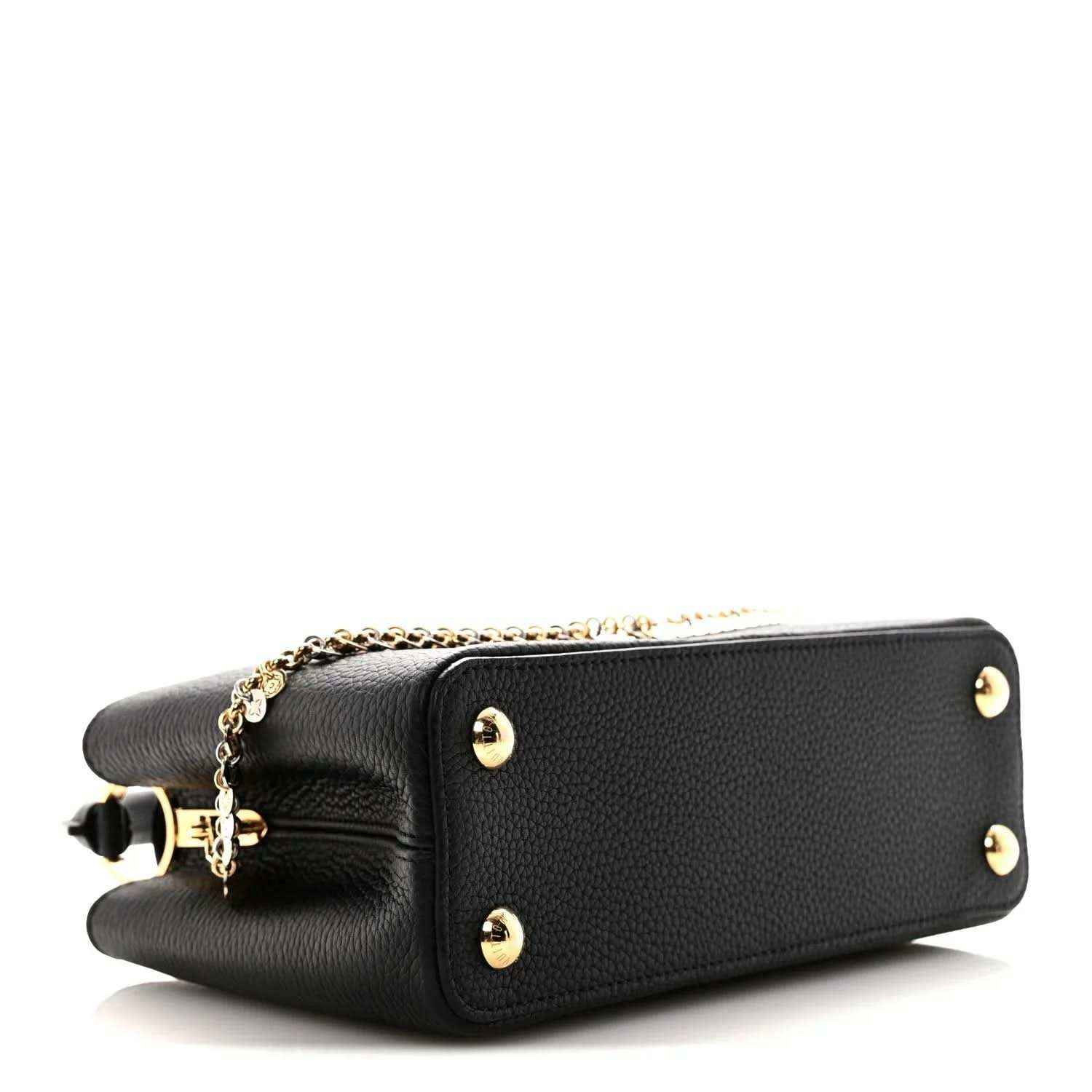 Black leather handbag with chain fringe, flap, and two gold-tone snap buttons