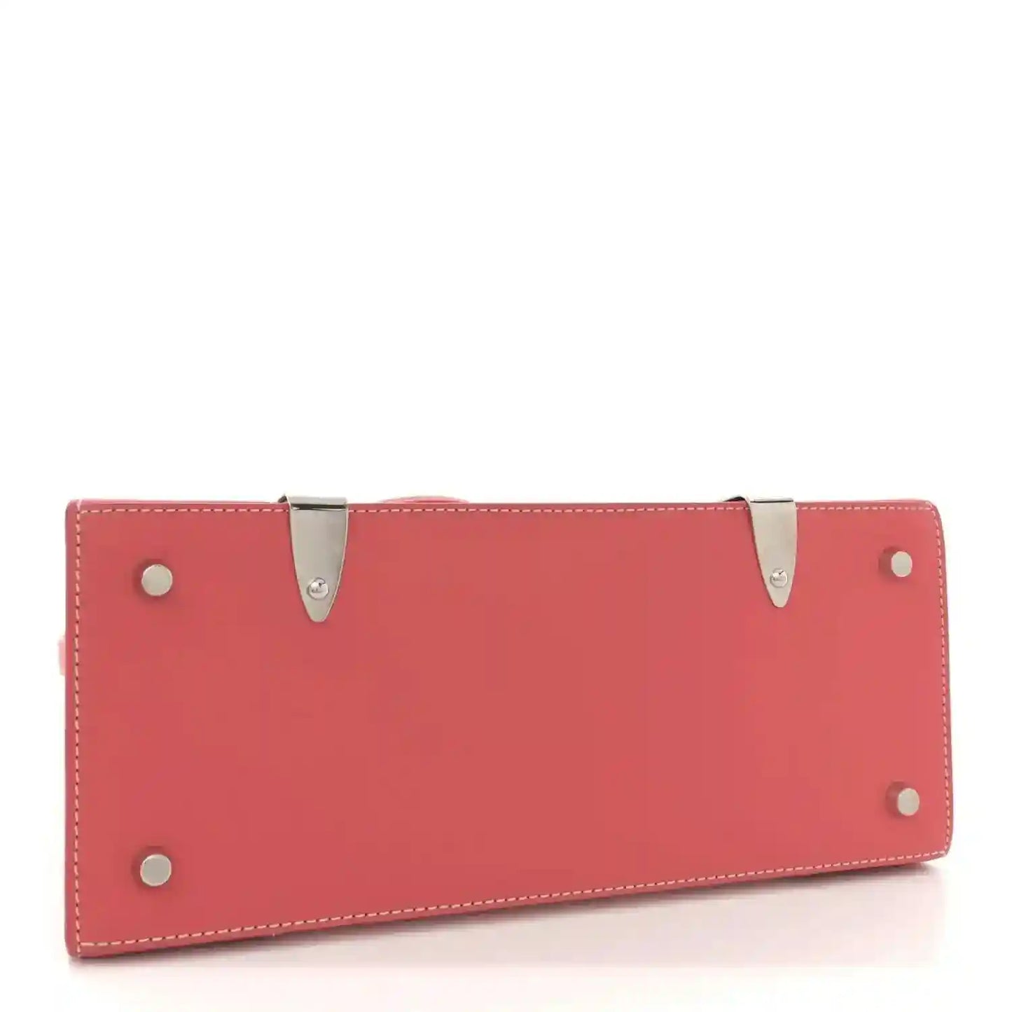 Pink canvas bag exterior with metal snap buttons, strap loops, and stitched leather trim.