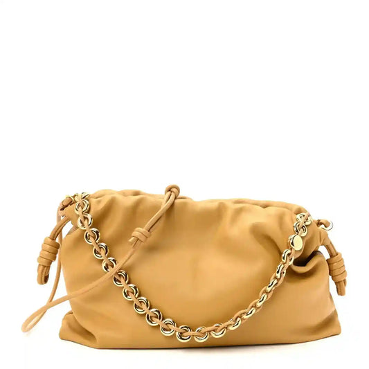 Tan nappa leather clutch with knotted top drawstring and silver-tone chain strap