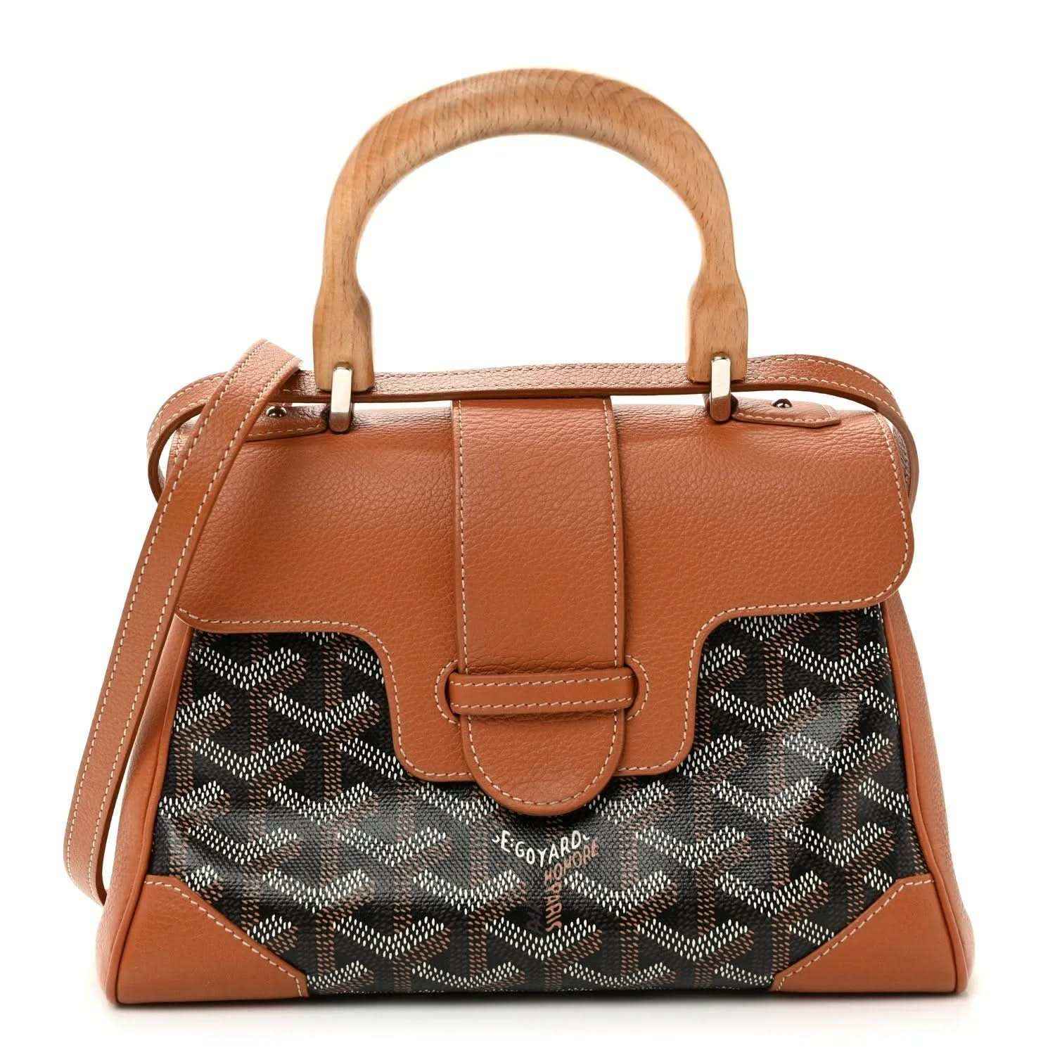 Mini Saigon bag, brown leather trim and patterned canvas front, top handle, gold-tone hardware
