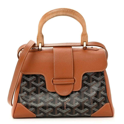 Mini Saigon bag, brown leather trim and patterned canvas front, top handle, gold-tone hardware