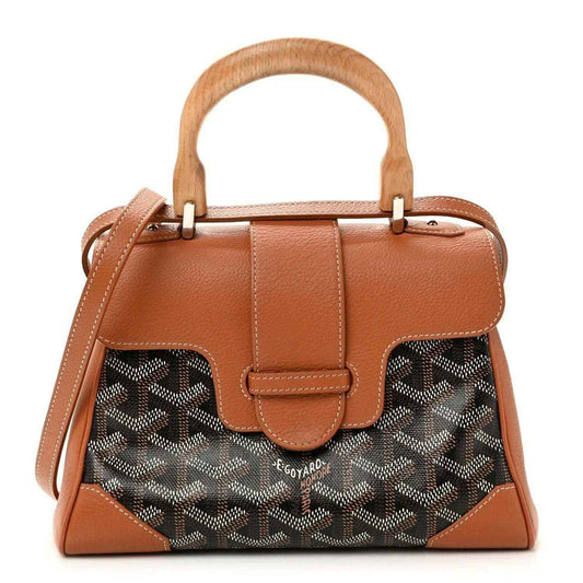 Mini Saigon bag, brown leather trim and patterned canvas front, top handle, gold-tone hardware