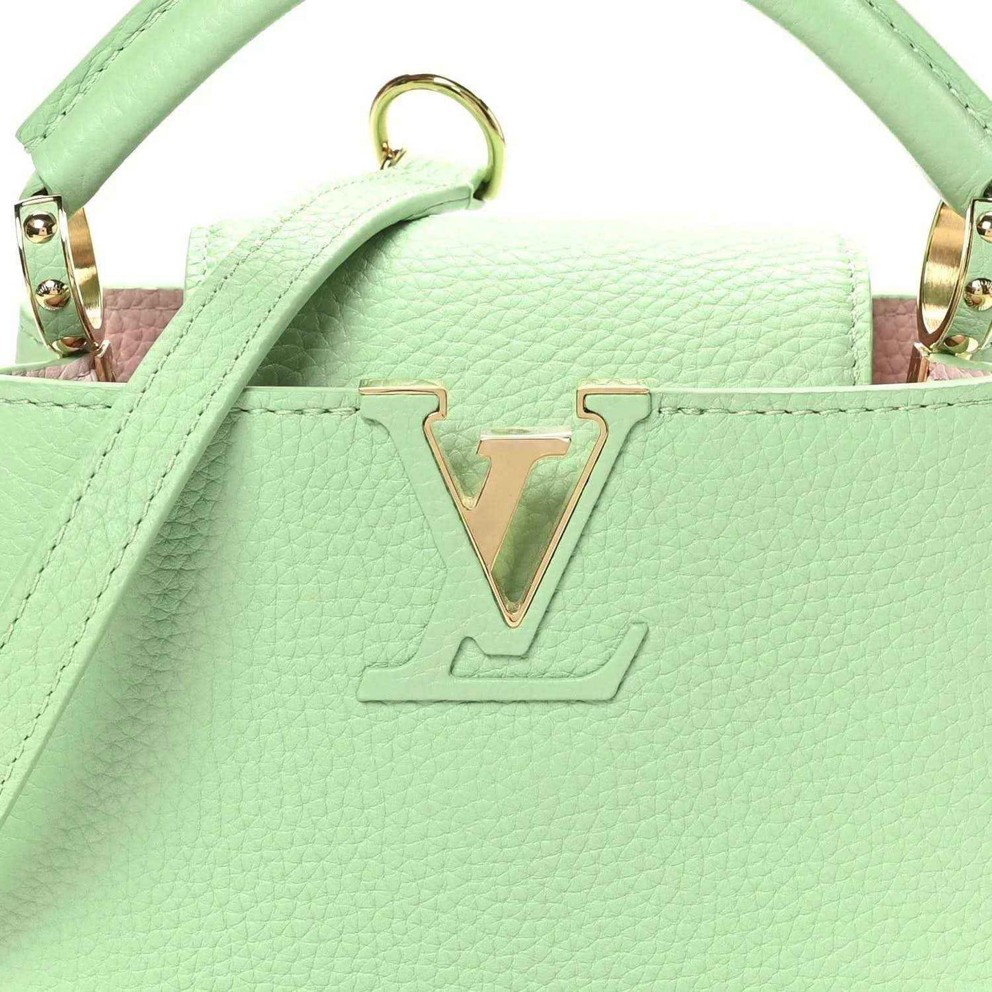 Green leather mini handbag front with gold V emblem
