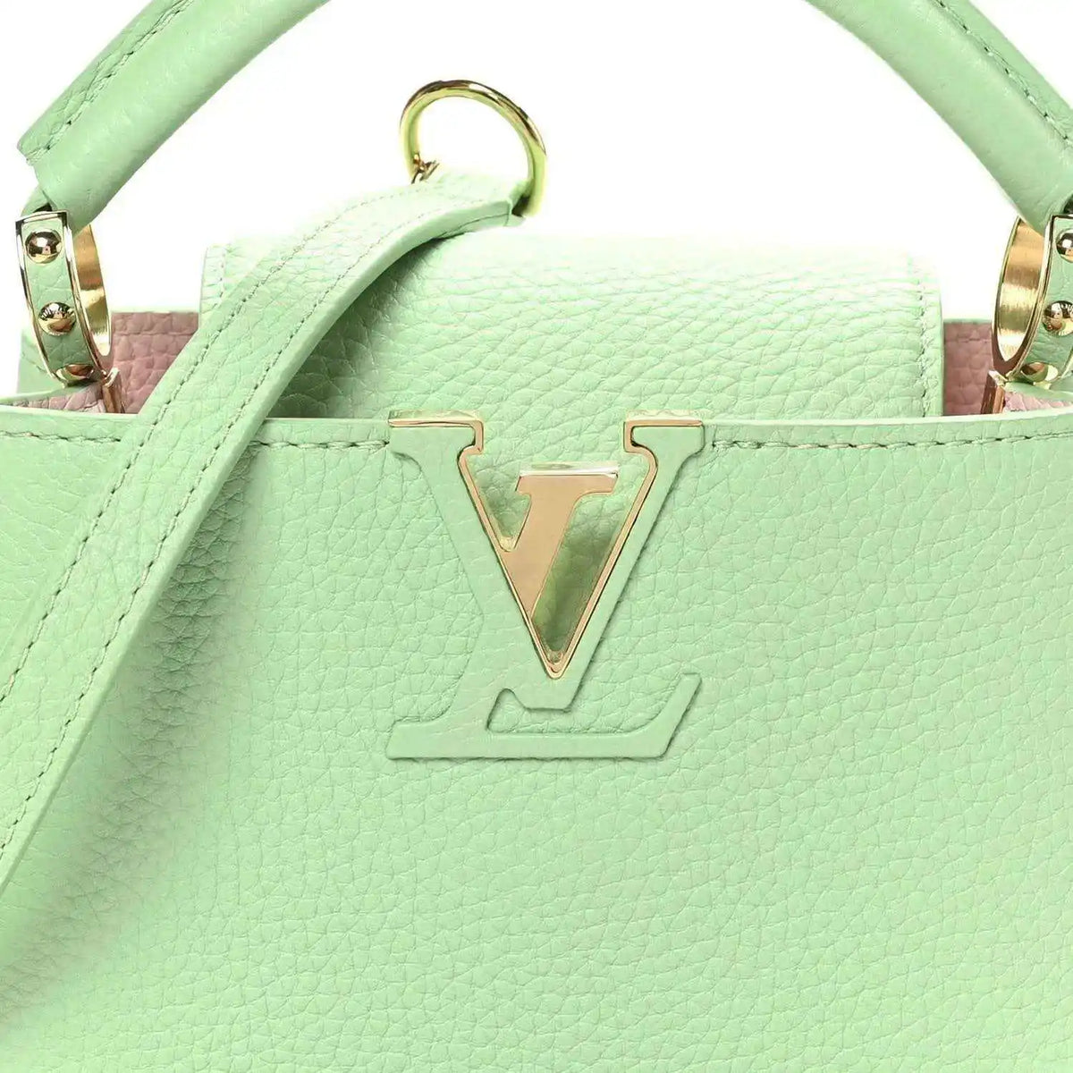 Green leather mini handbag front with gold V emblem