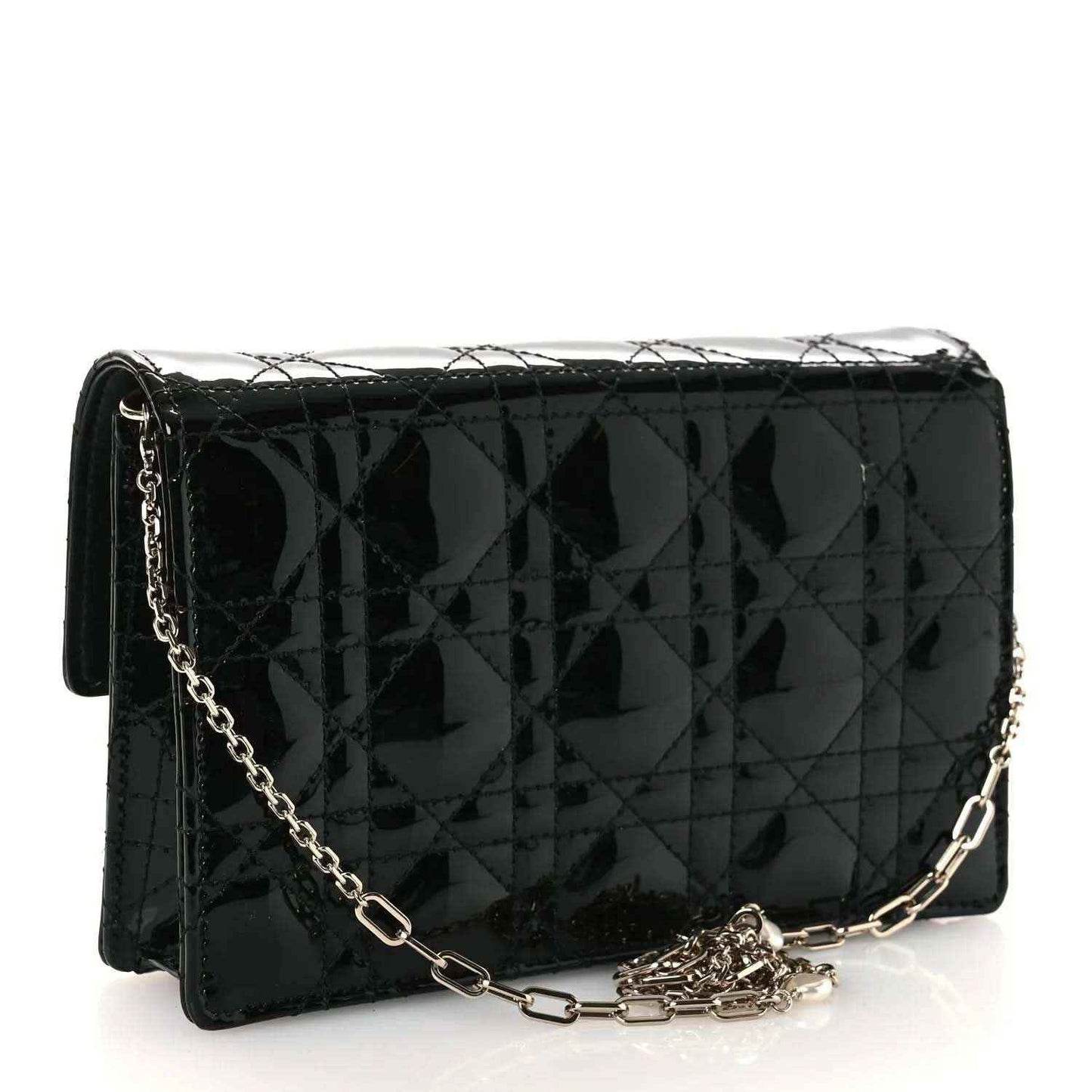 Black patent cannage Lady Dior chain pouch with shoulder chain and gold hardware