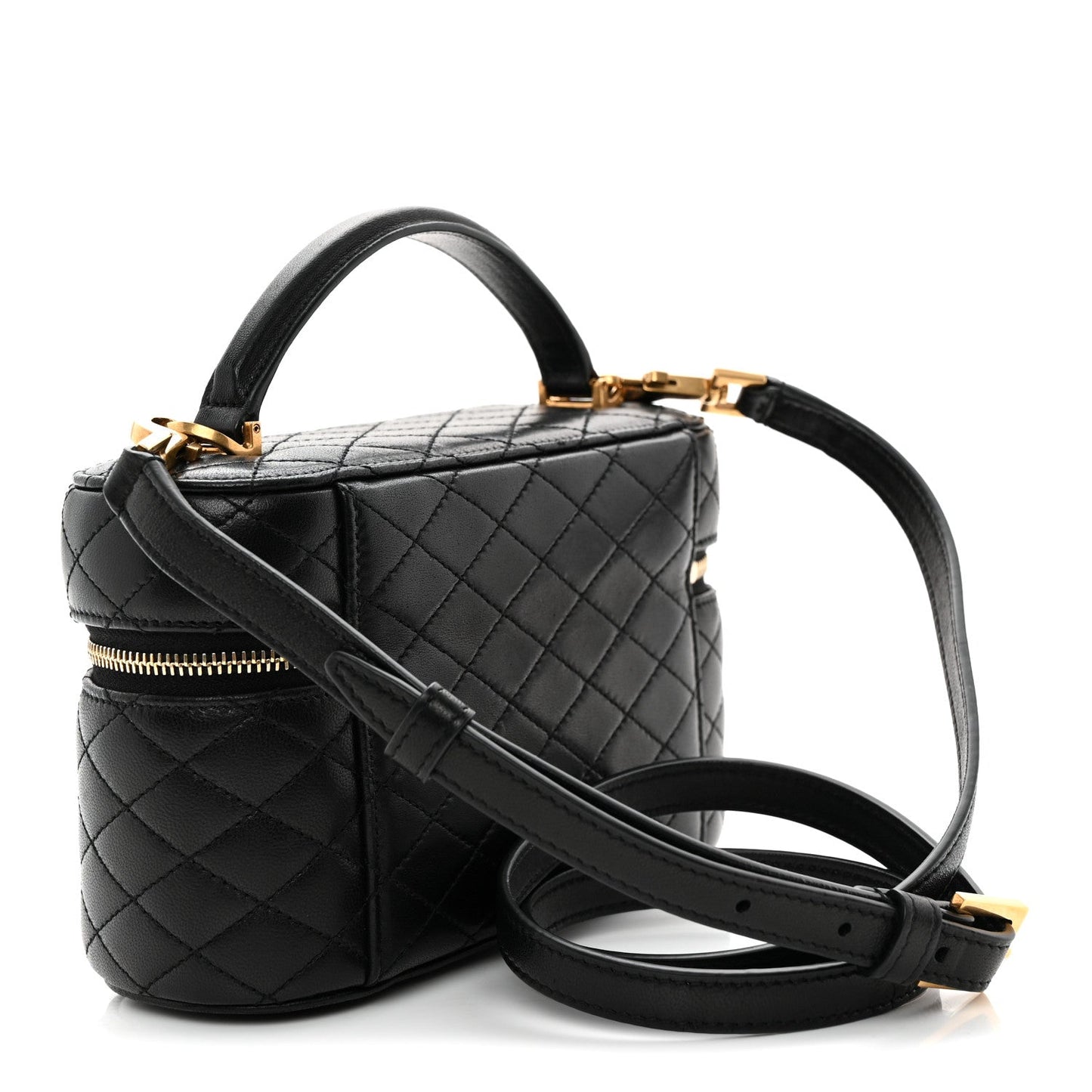 Saint Laurent mini quilted lambskin vanity case, black with crossbody strap and gold hardware