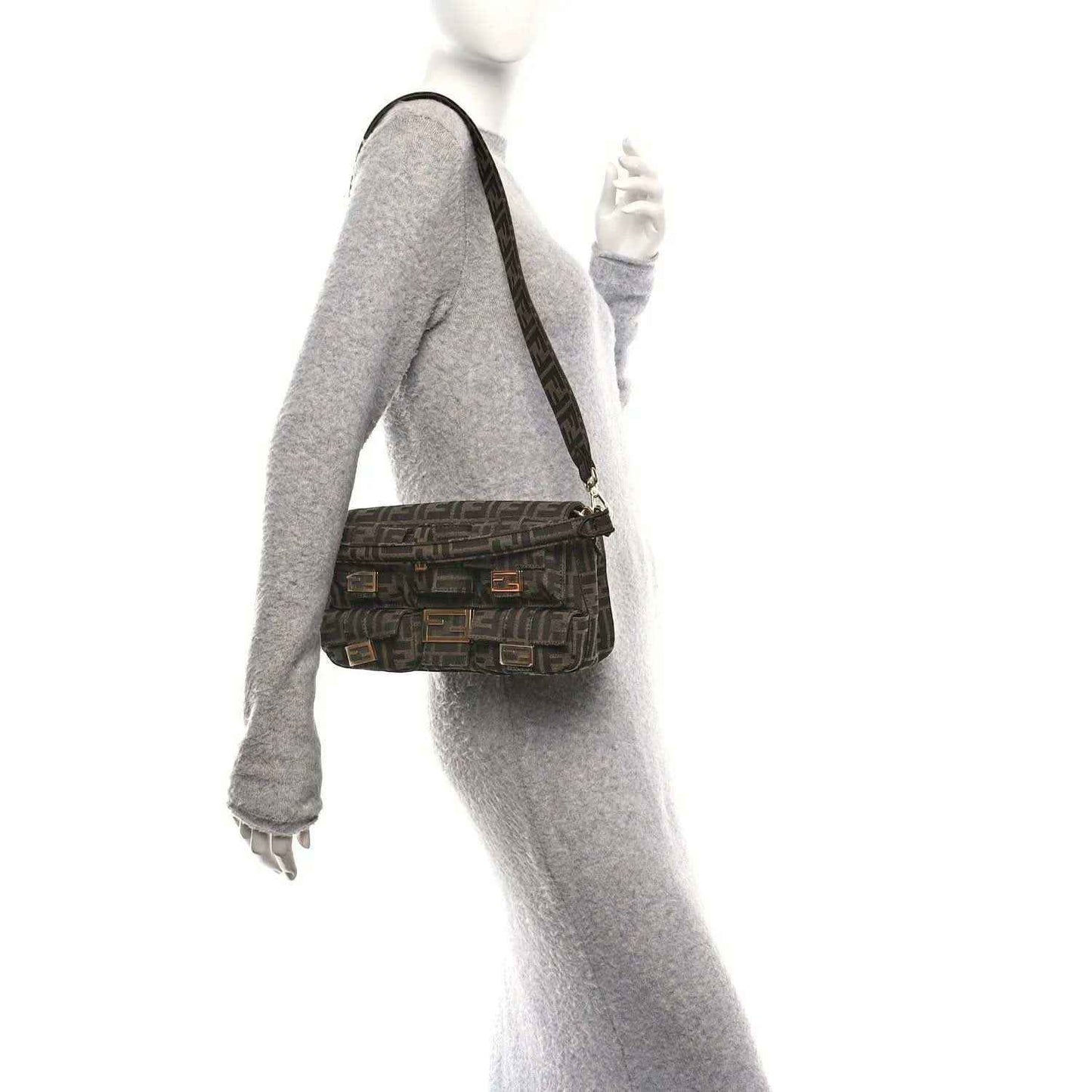 Fendi FF jacquard baguette bag worn crossbody, dark brown patterned fabric with strap