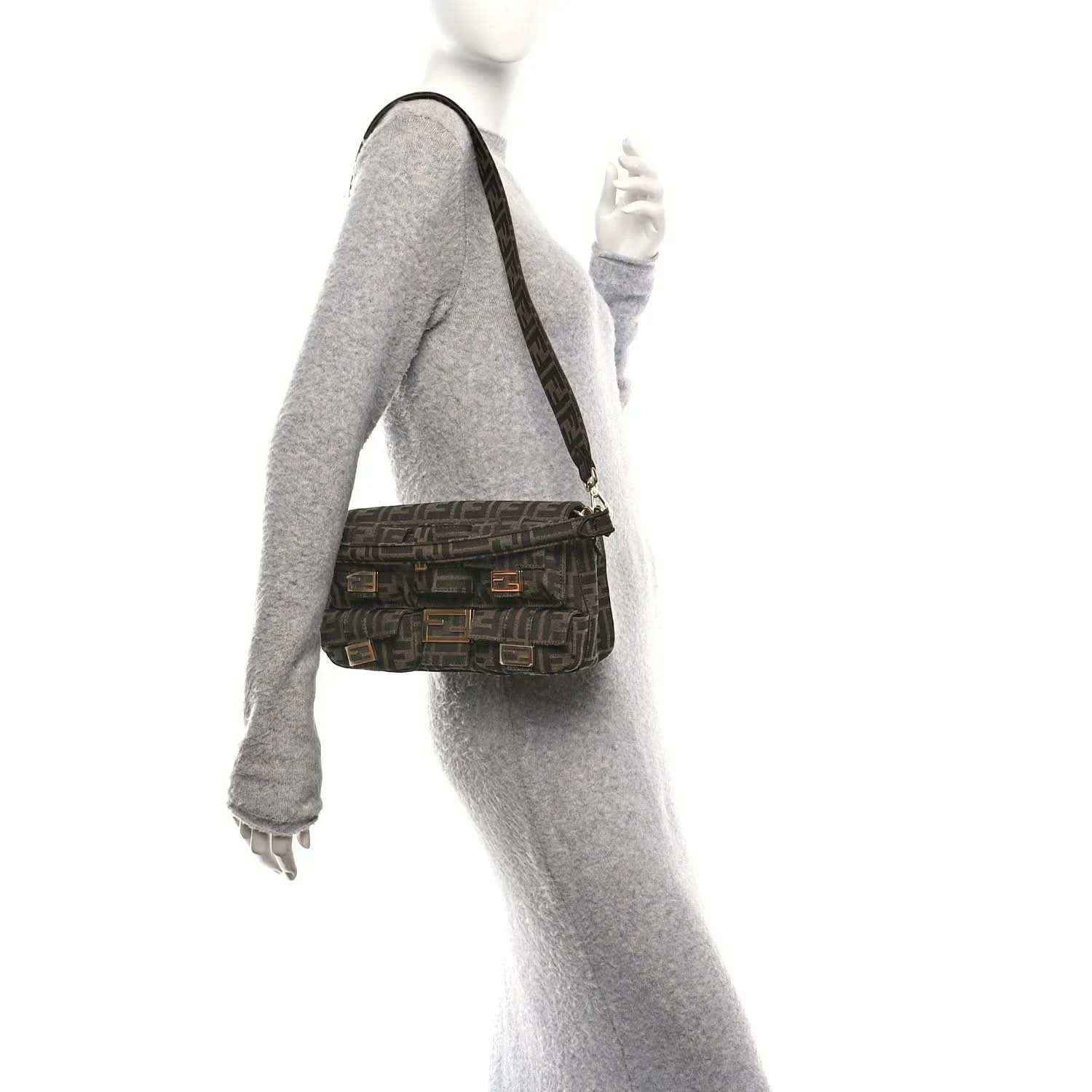 Fendi FF jacquard baguette bag worn crossbody, dark brown patterned fabric with strap