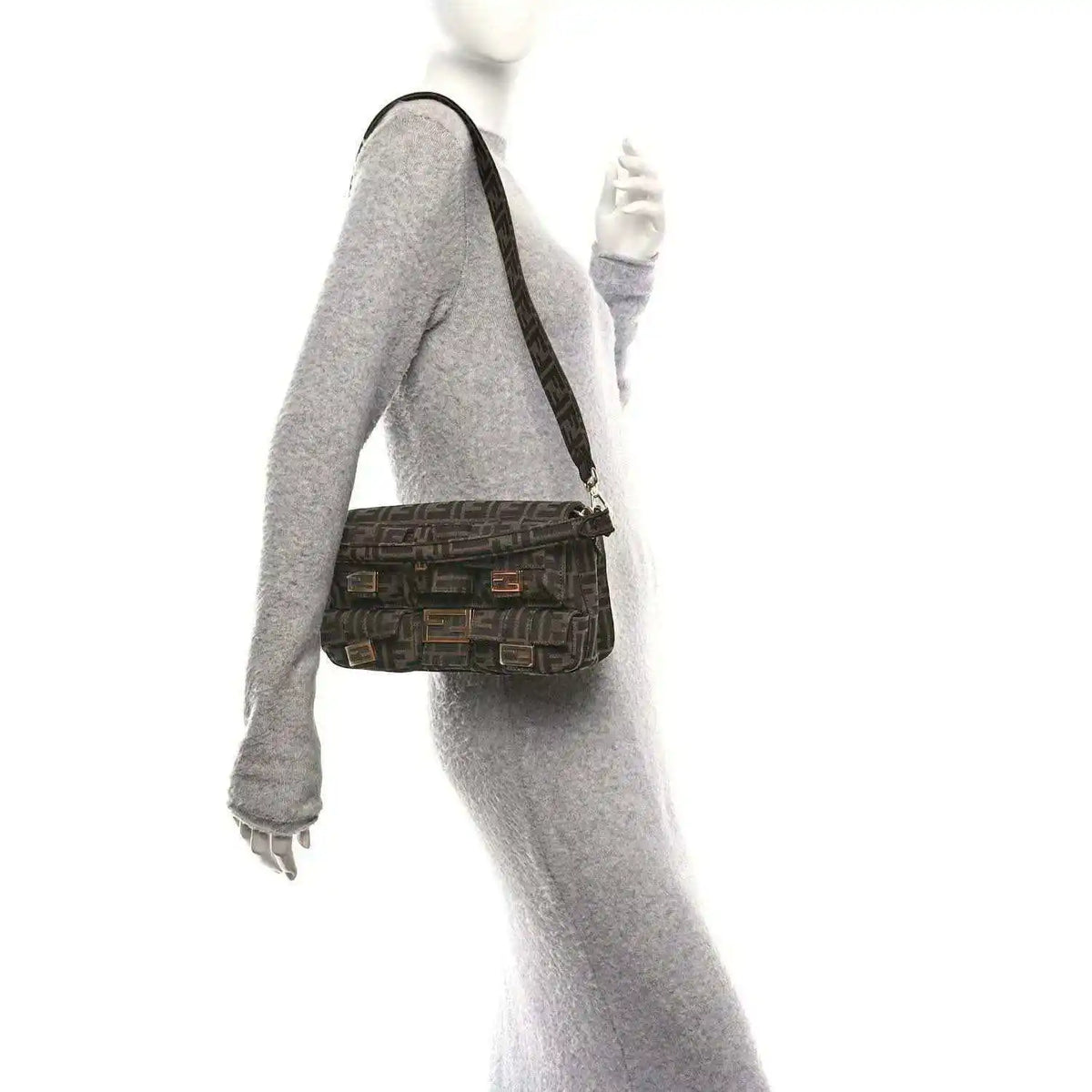 Fendi FF jacquard baguette bag worn crossbody, dark brown patterned fabric with strap
