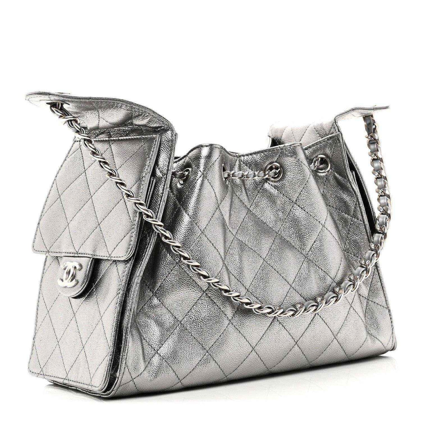 Chanel metallic quilted caviar handbag with chain shoulder strap and side flap pocket