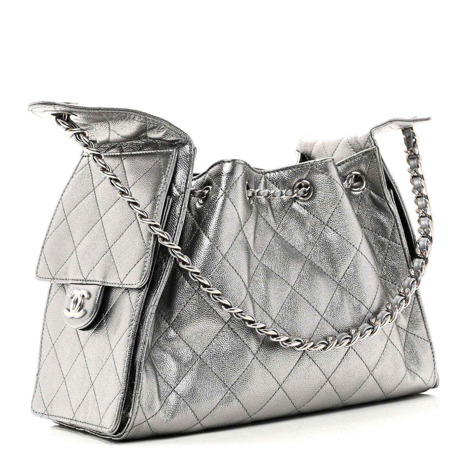 Chanel metallic quilted caviar handbag with chain shoulder strap and side flap pocket